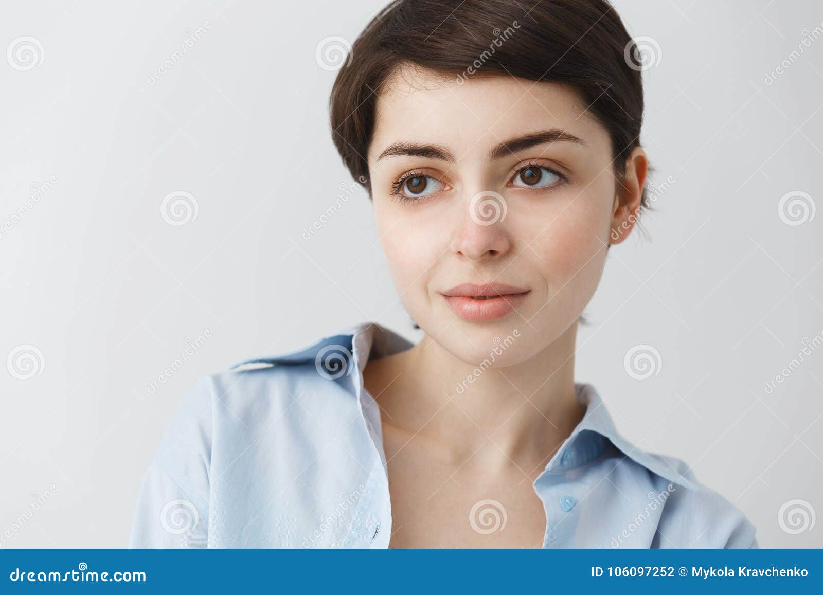 Close Up Portrait Of Beautiful Caucasian Girl With Short Dark Hair