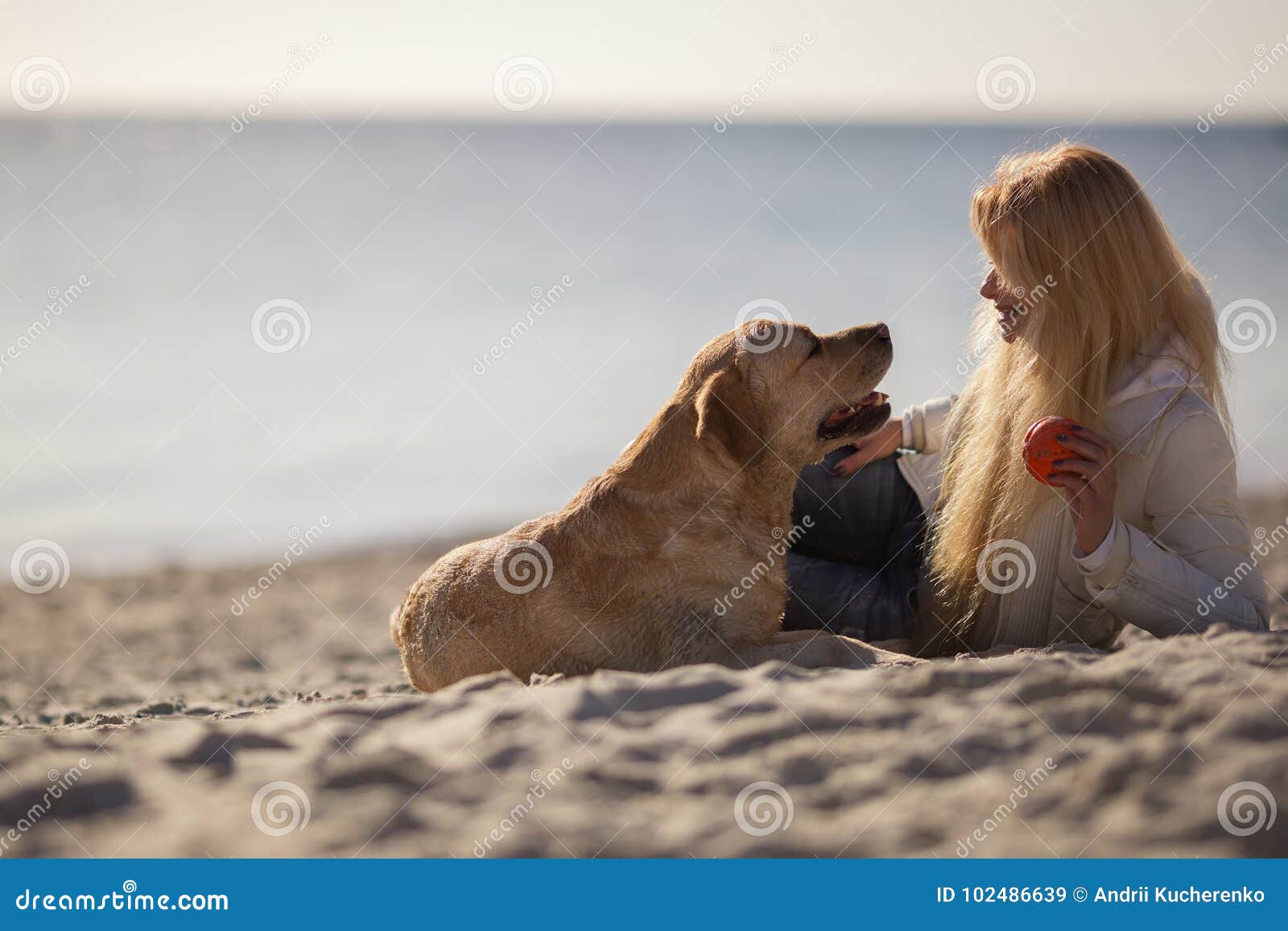 Close Up Portrait of Beautiful Long Haired Girl with Her Labrador Retriever  Dog on the Beach Stock Image - Image of warm, beach: 102486639