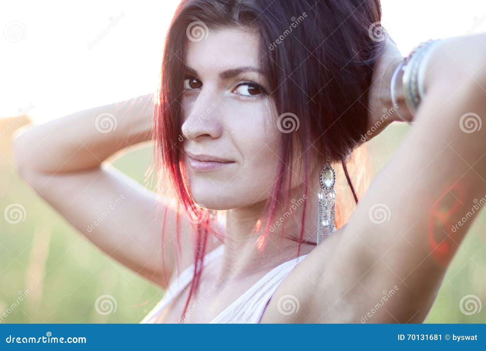 Close Up Portrait Beautiful Tender Girl Woman Dress Outdoors Summer Day Park Fashion Style 