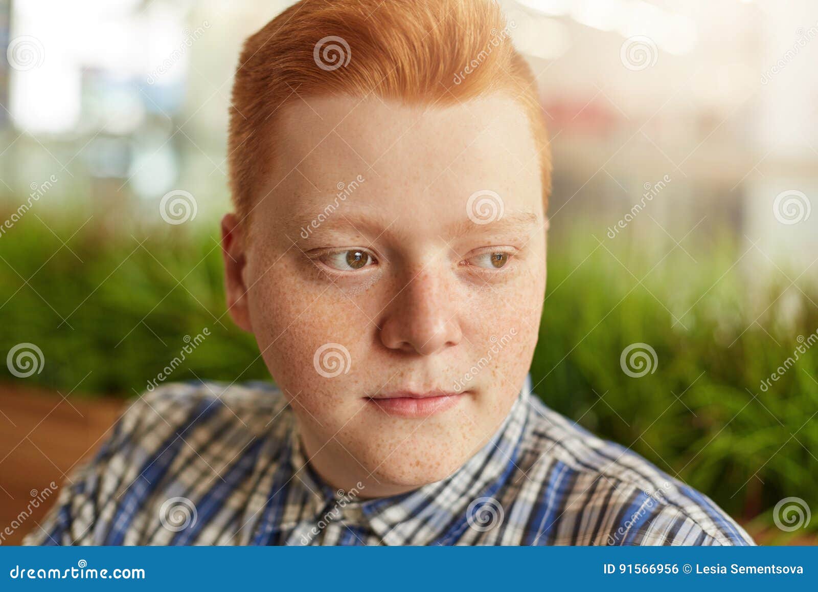 Close-up Portrait of a Boy with Round Face and Many Freckles with Brown Eyes  and Red Hair Wearing Checked Shirt Siting Over Green Stock Photo - Image of  cute, male: 91566956