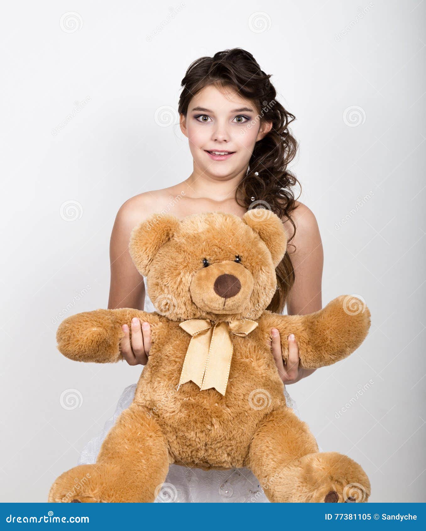 Close-up Portrait of Curly Girl Holding a Teddy Bear Stock Image ...