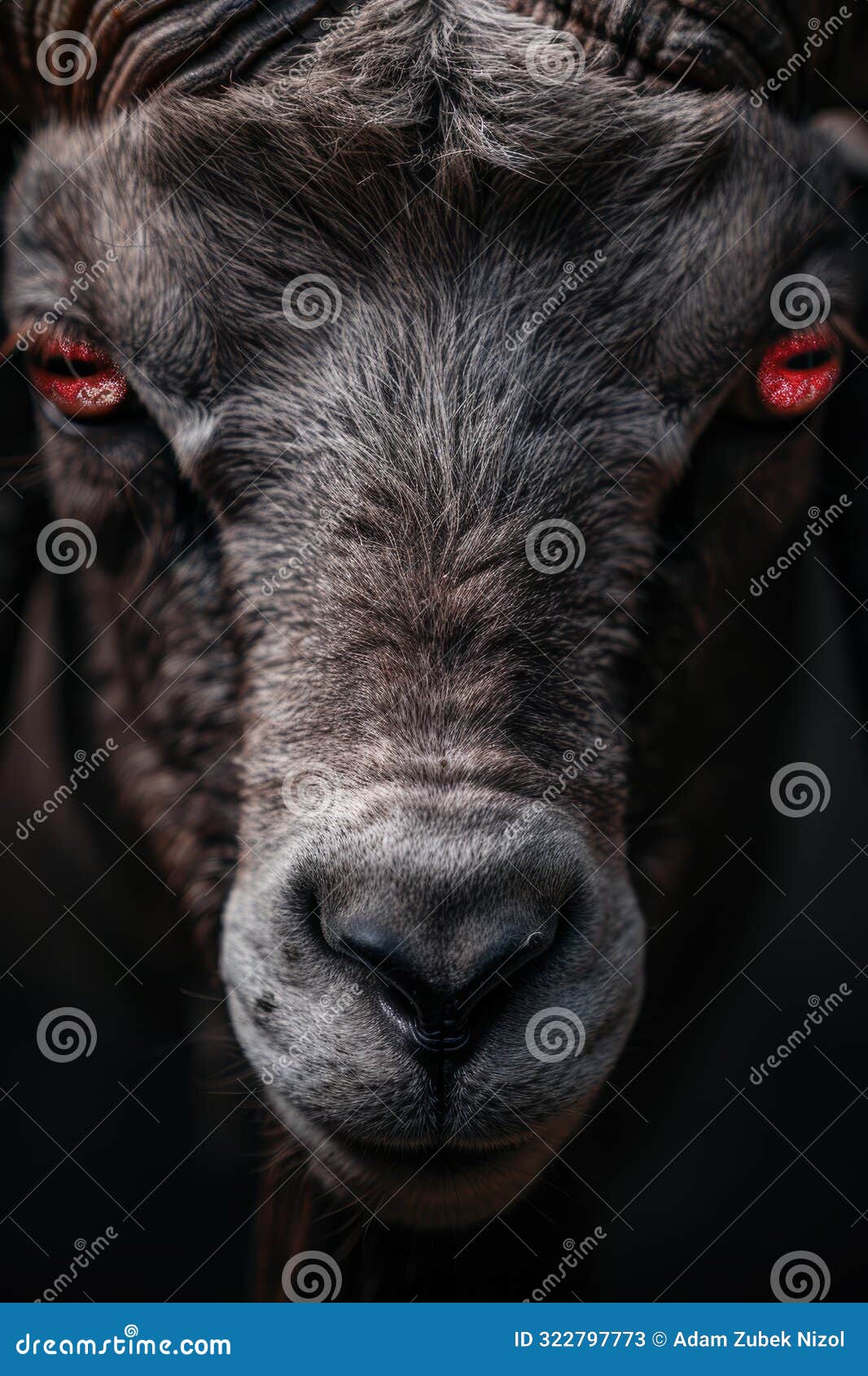 close-up portrait of a dark-colored dog with intense red eyes