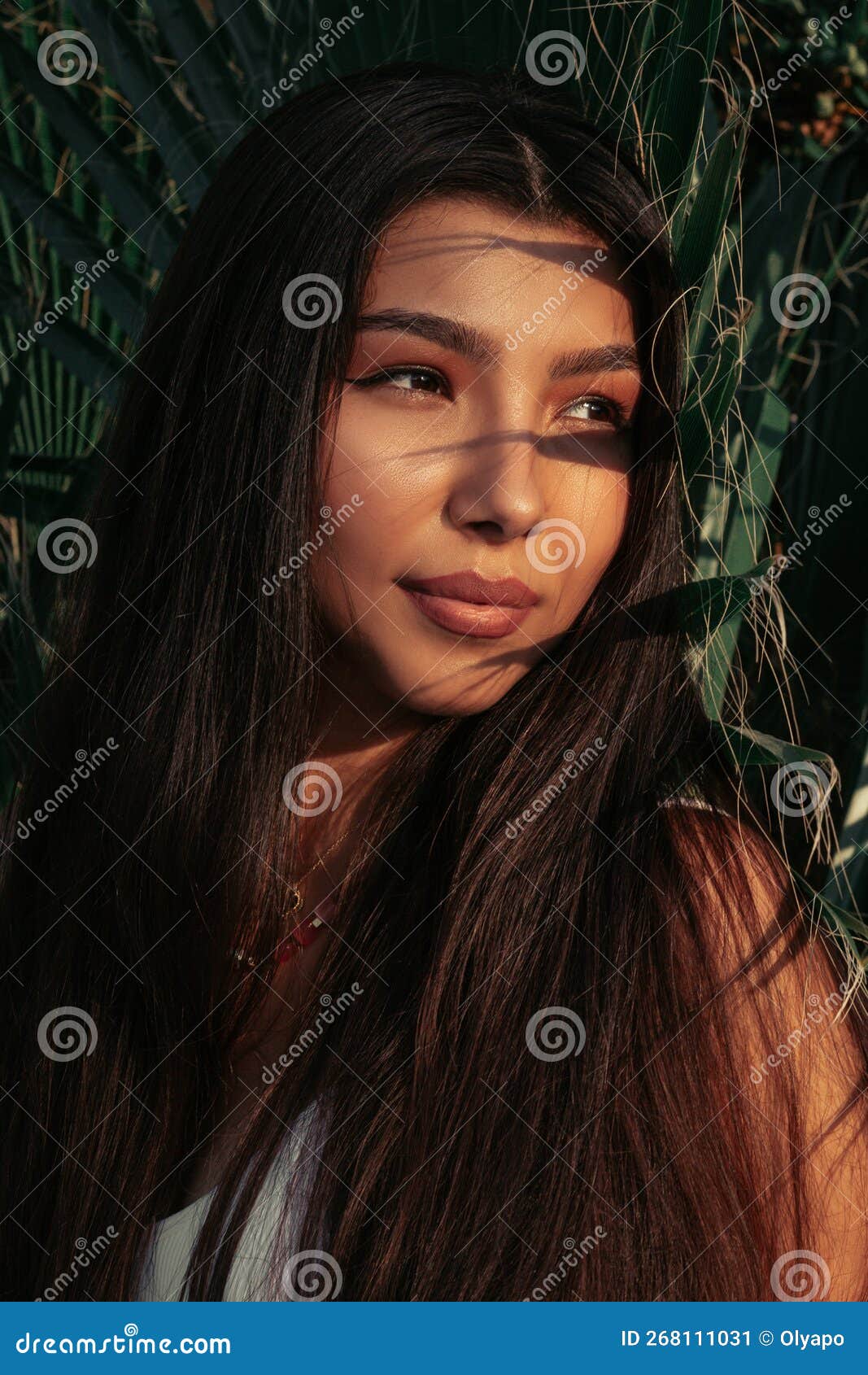 Close Up Portrait Of A Girl Among Palm Leaves Stock Image Image Of 