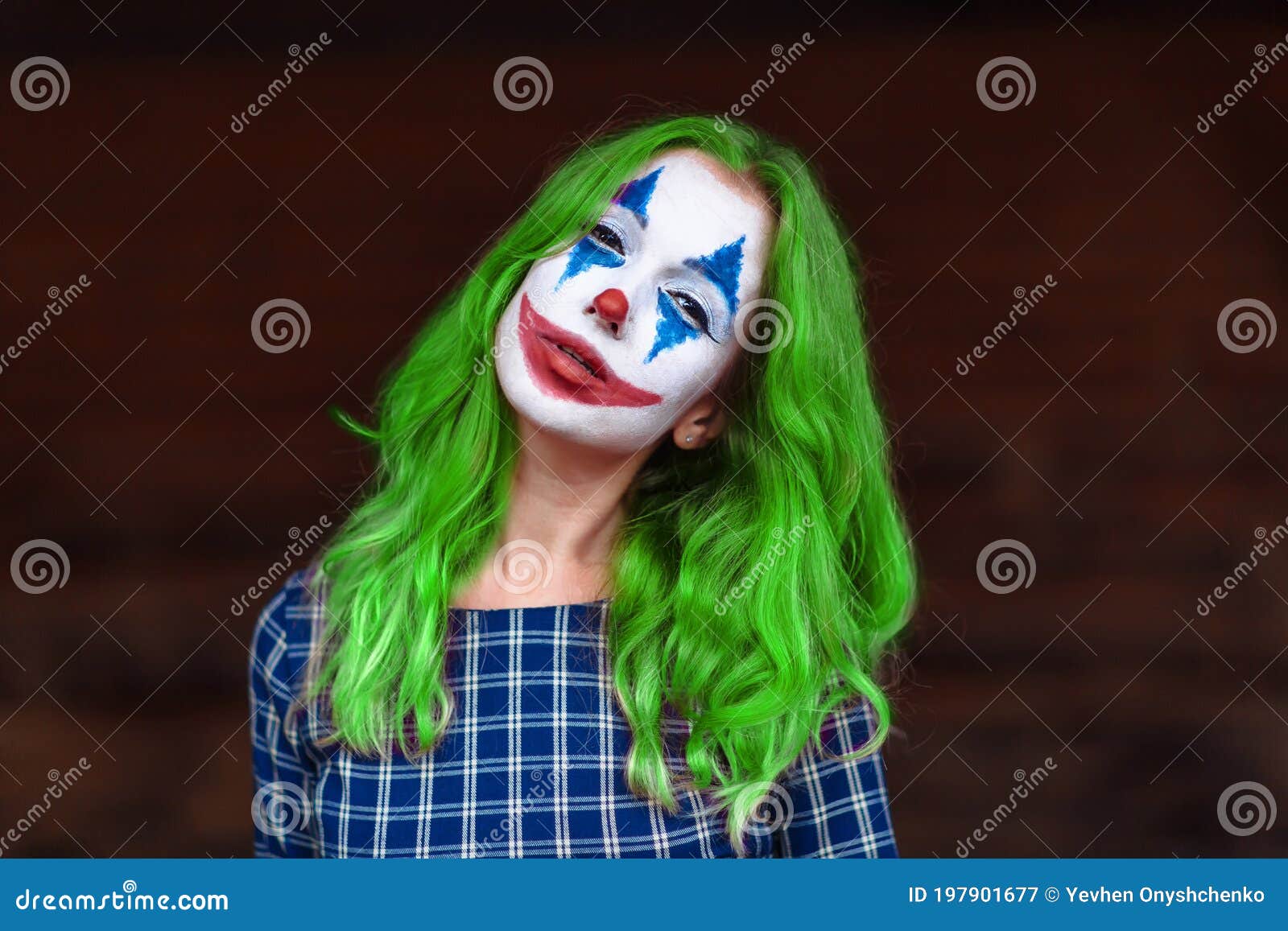 Close-up Portrait of a Greenhaired Girl in Chekered Dress with ...