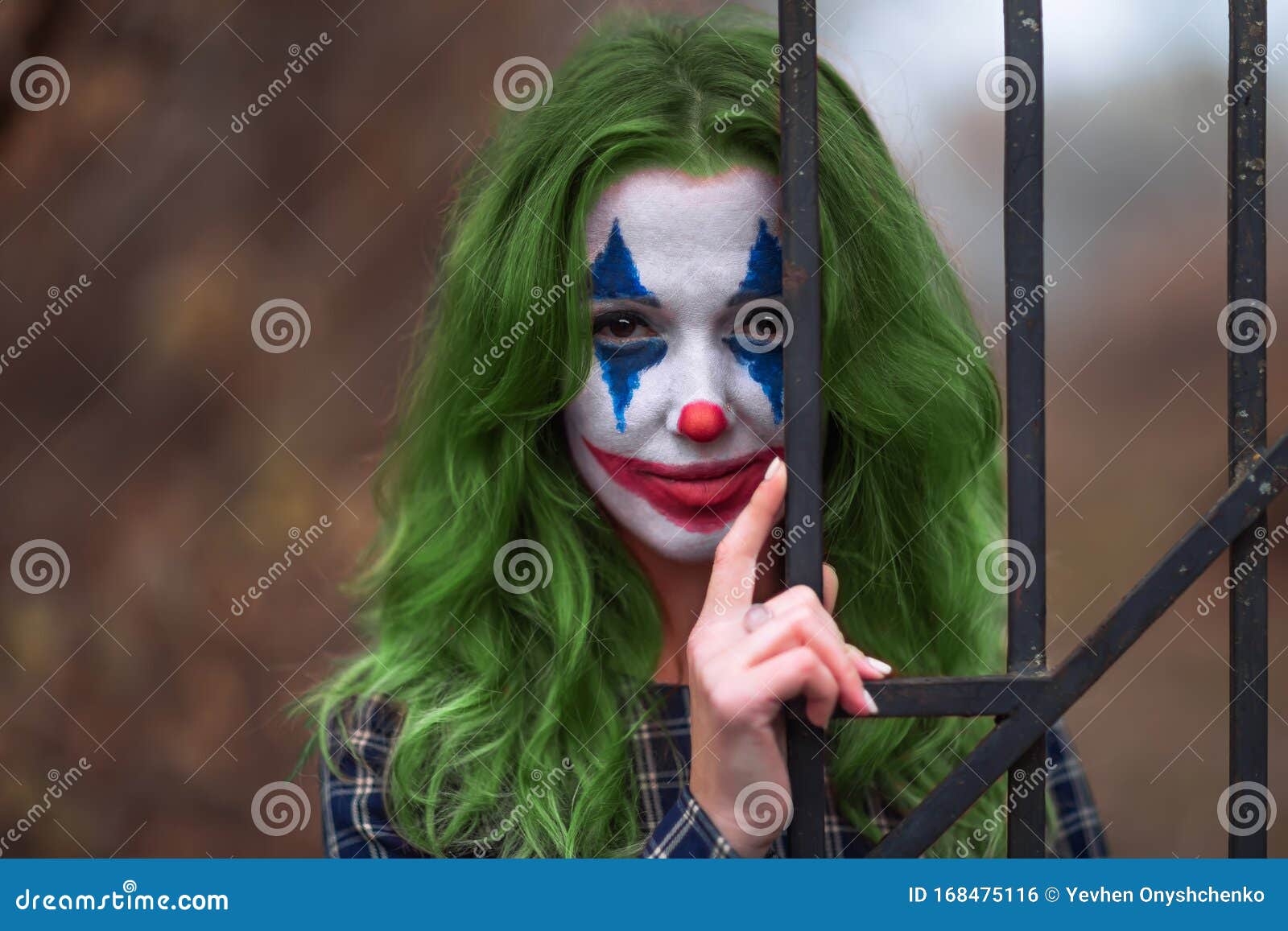 Close-up Portrait of a Greenhaired Girl in Chekered Dress with ...