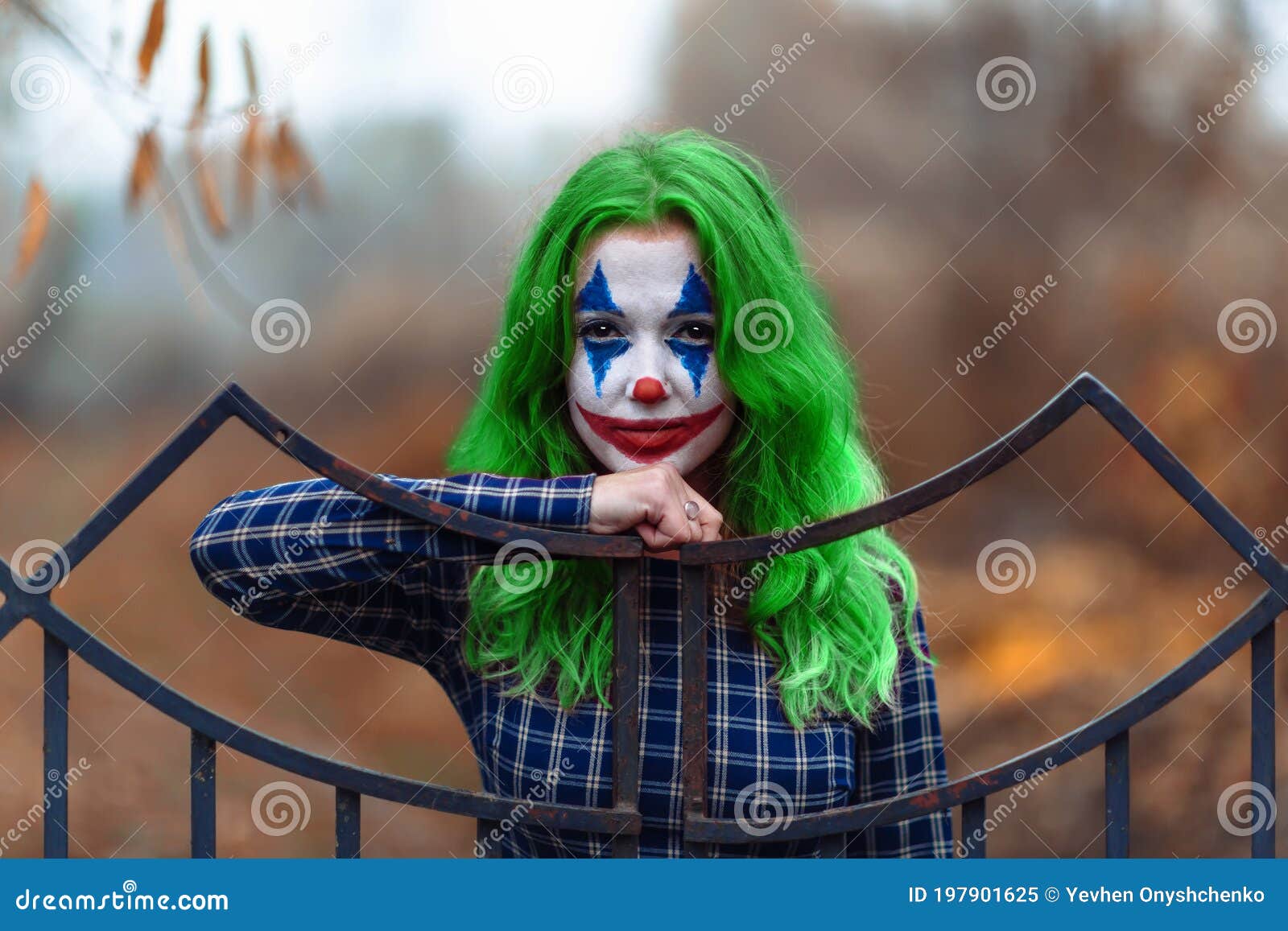 Close-up Portrait of a Greenhaired Girl in Chekered Dress with ...