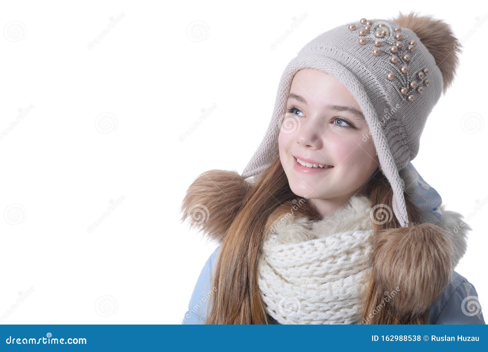 Close Up Portrait of Happy Little Girl in Warm Clothes Stock Photo ...