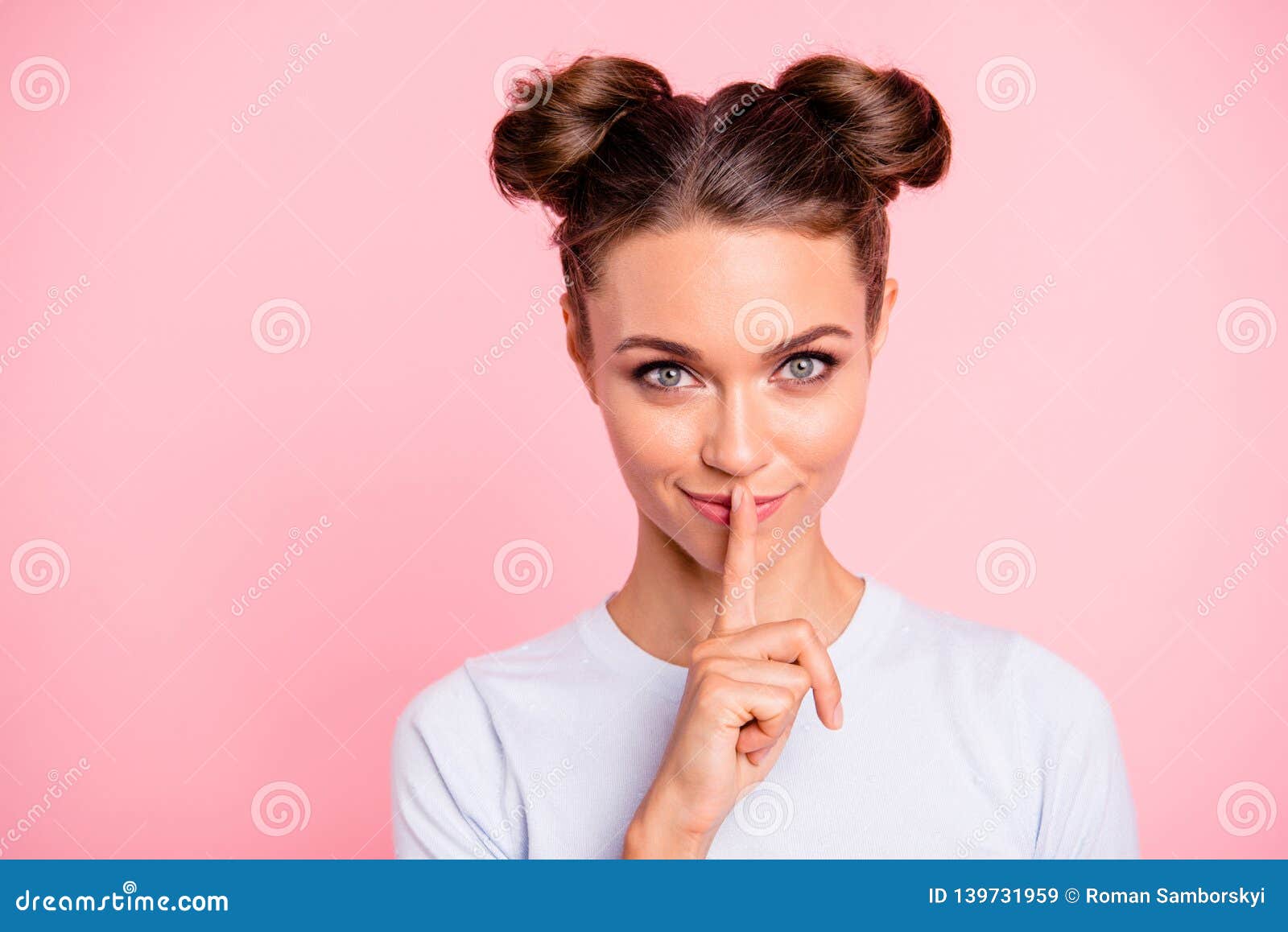 close-up portrait of her she nice cute attractive cheerful girl lady showing shh sign  over pastel pink