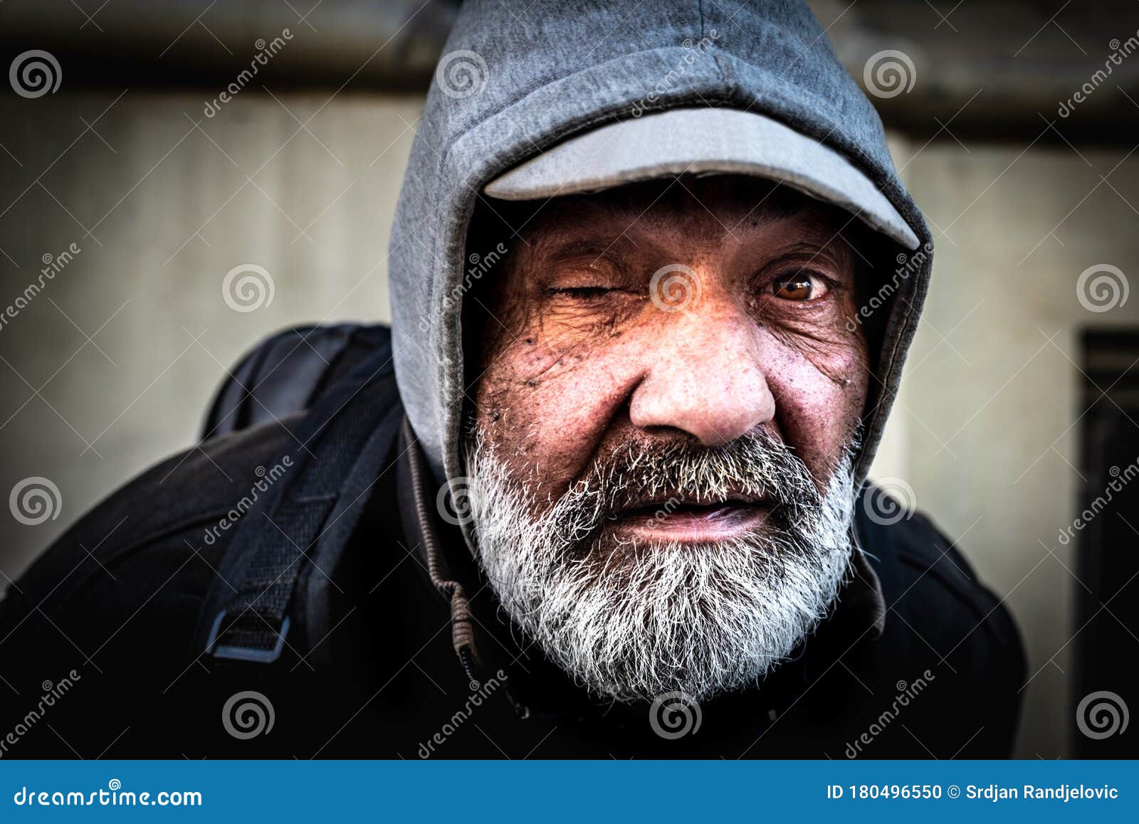 Close Up Portrait of Old Homeless Alcoholic One Eye Man Face with White  Beard and Hair Wandering on the Street Depressed Sick and Stock Photo -  Image of depression, abuse: 180496550