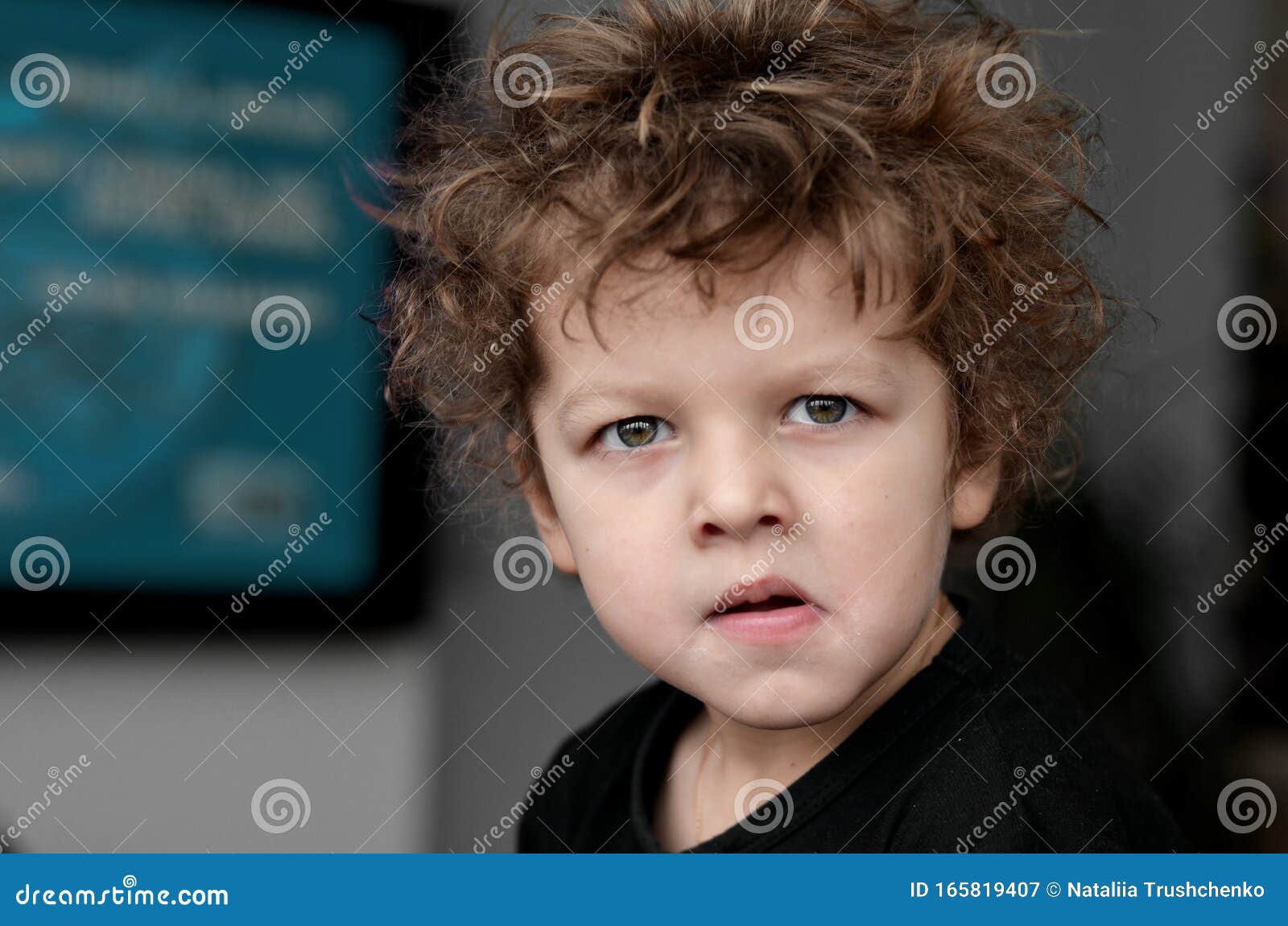 Close-up Portrait of One Boy with Curly Hair Very Funny Cute and ...