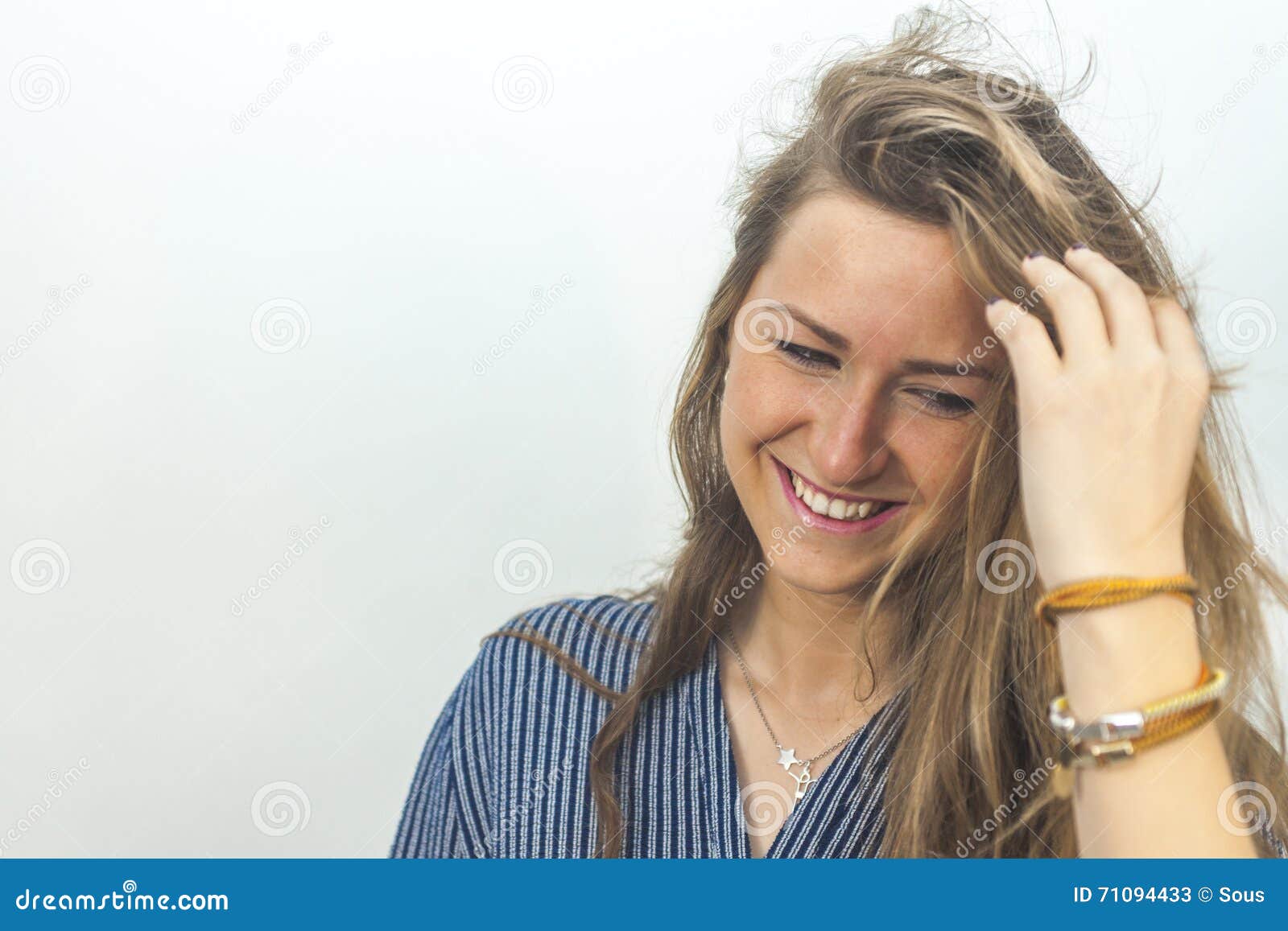 Close Up Portrait Of Smiling Beautiful Woman With Hair Motion Sh Stock