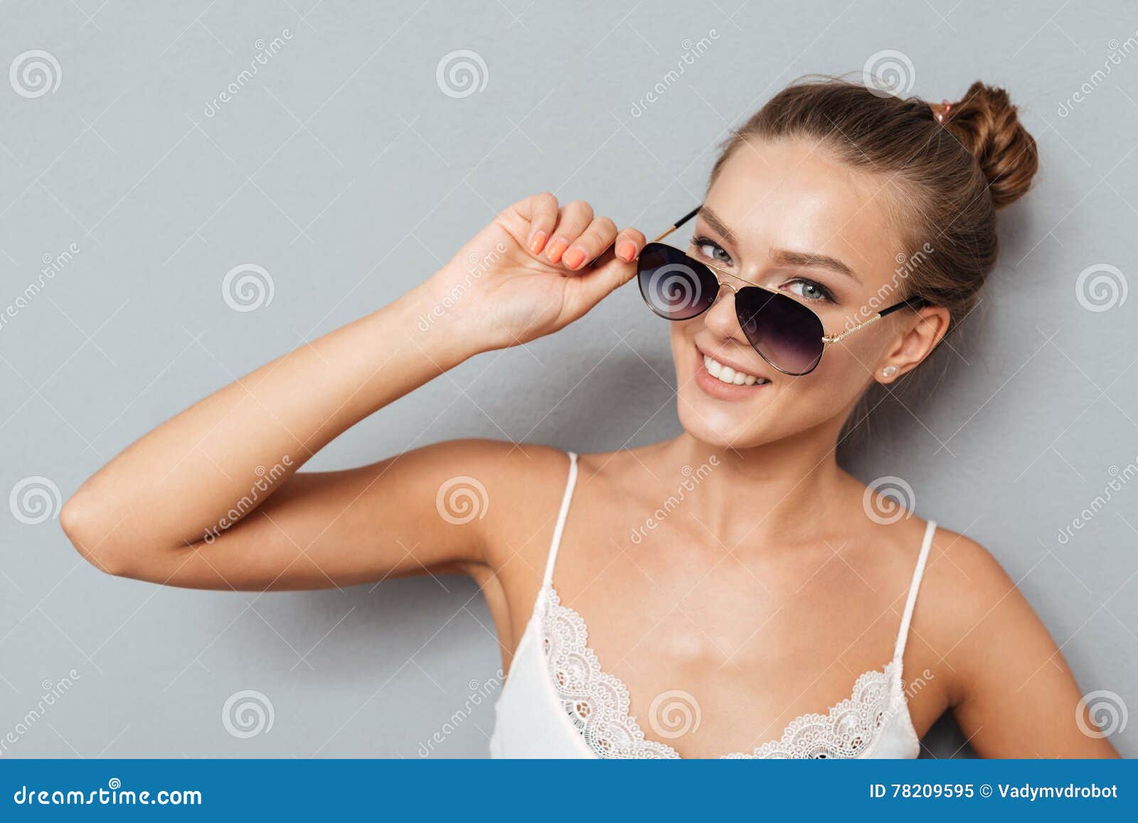 Close Up Portrait Of A Smiling Woman Holding Sunglasses Stock Image Image Of Advert Confident