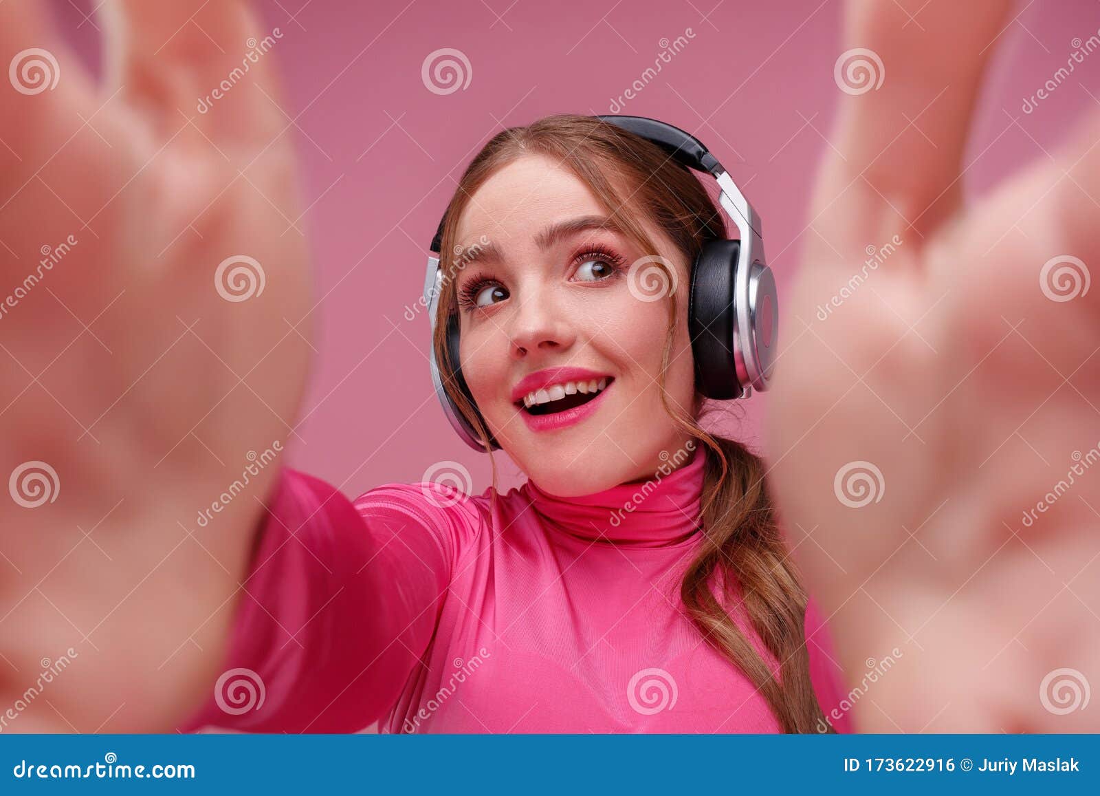 Close Up Portrait Of Smiling Young Redhead Woman Making Selfie Using 