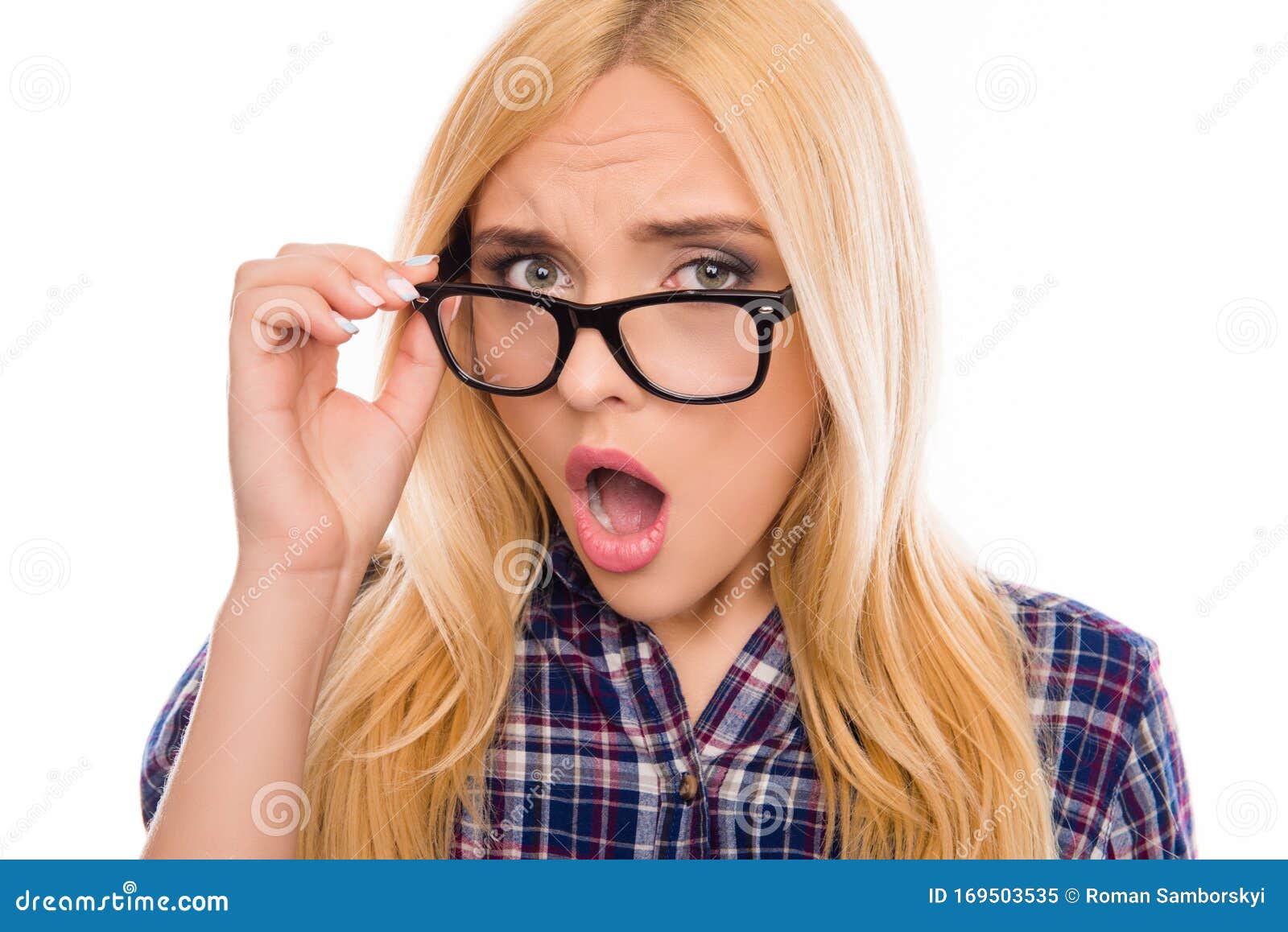 Close Up Portrait Of Surprised Woman In Glasses With Open Mouth Stock Image Image Of Female