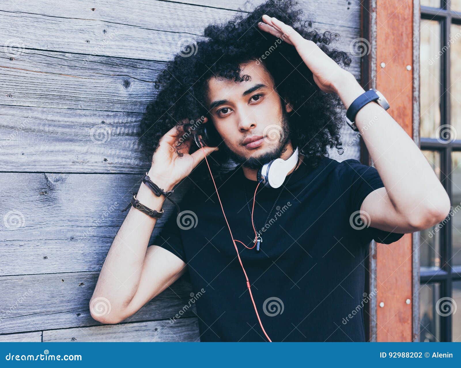Close Up Portrait Young African American Man with an Afro Hairstyle As DJ.  Stock Photo - Image of headphone, black: 92988202