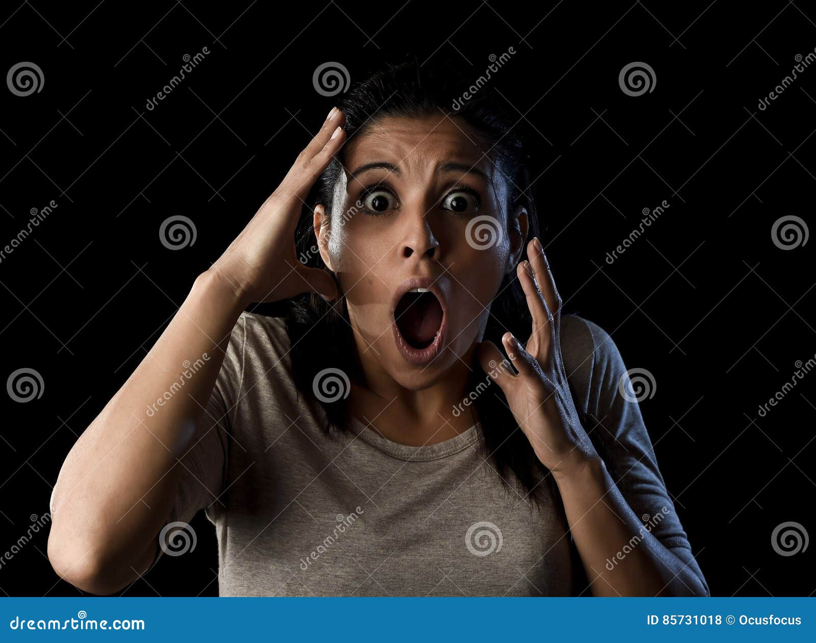 Close Up Portrait Young Attractive Latin Woman Screaming Desperate Screaming In Primal Fear 