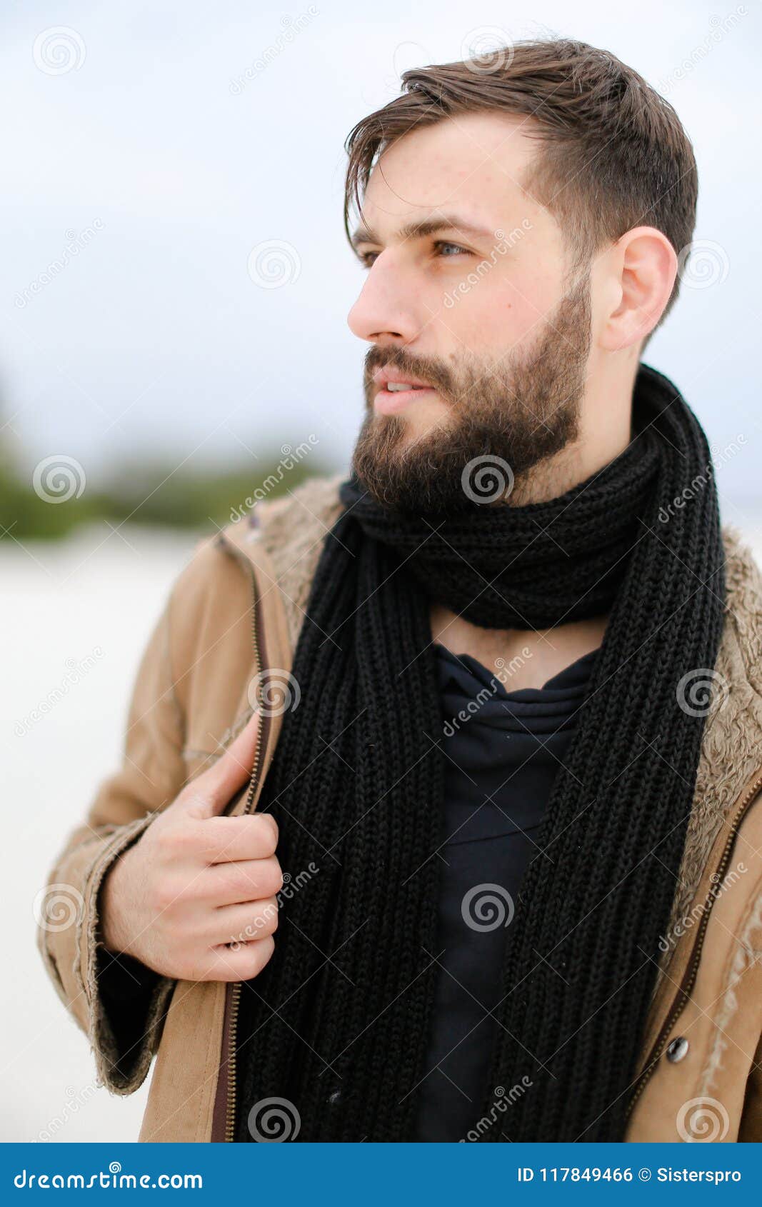 Close Up Portrait of Young Caucasian Man with Beard Wearing Coat and ...