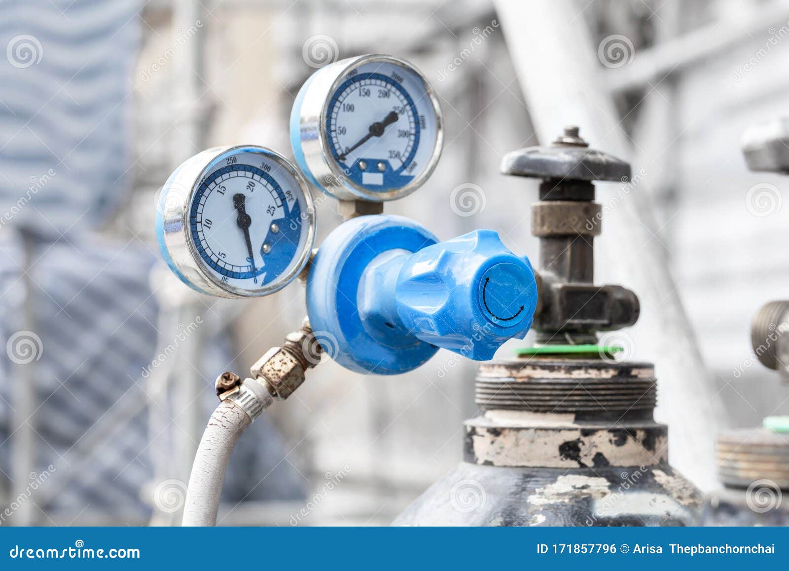 Close Up of Pressure Gauges on Oxygen Tank with Valve of Welding