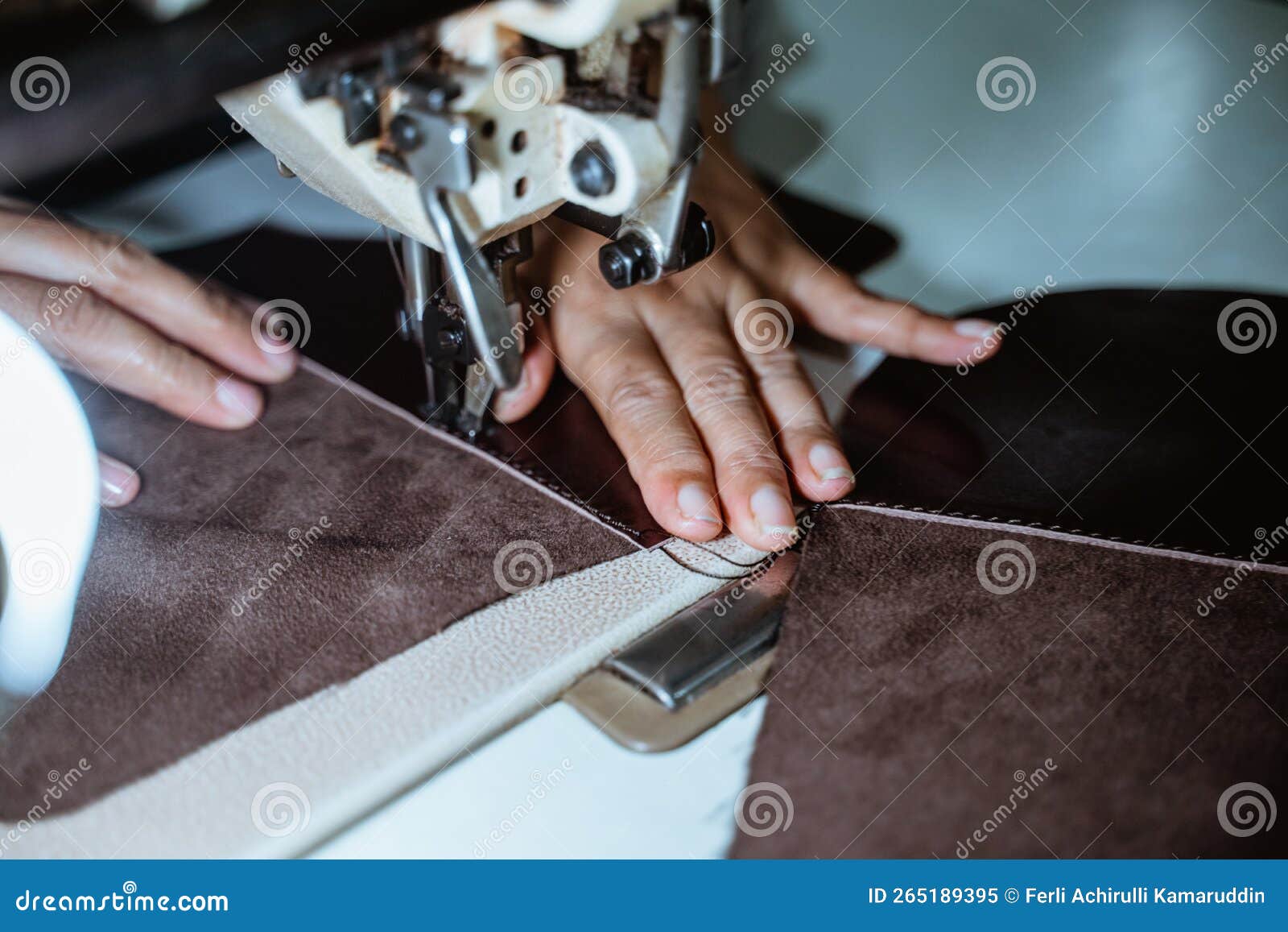 Close Up of the Process of Sewing Leather Tanned Leather Stock Image
