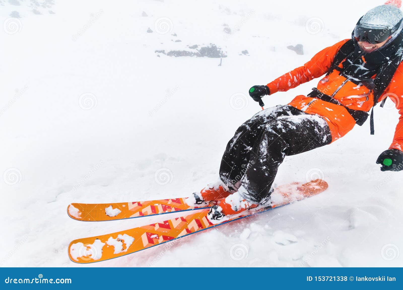 Close-up Professional Laughing Skier Athlete Rides Out of Deep Snow ...