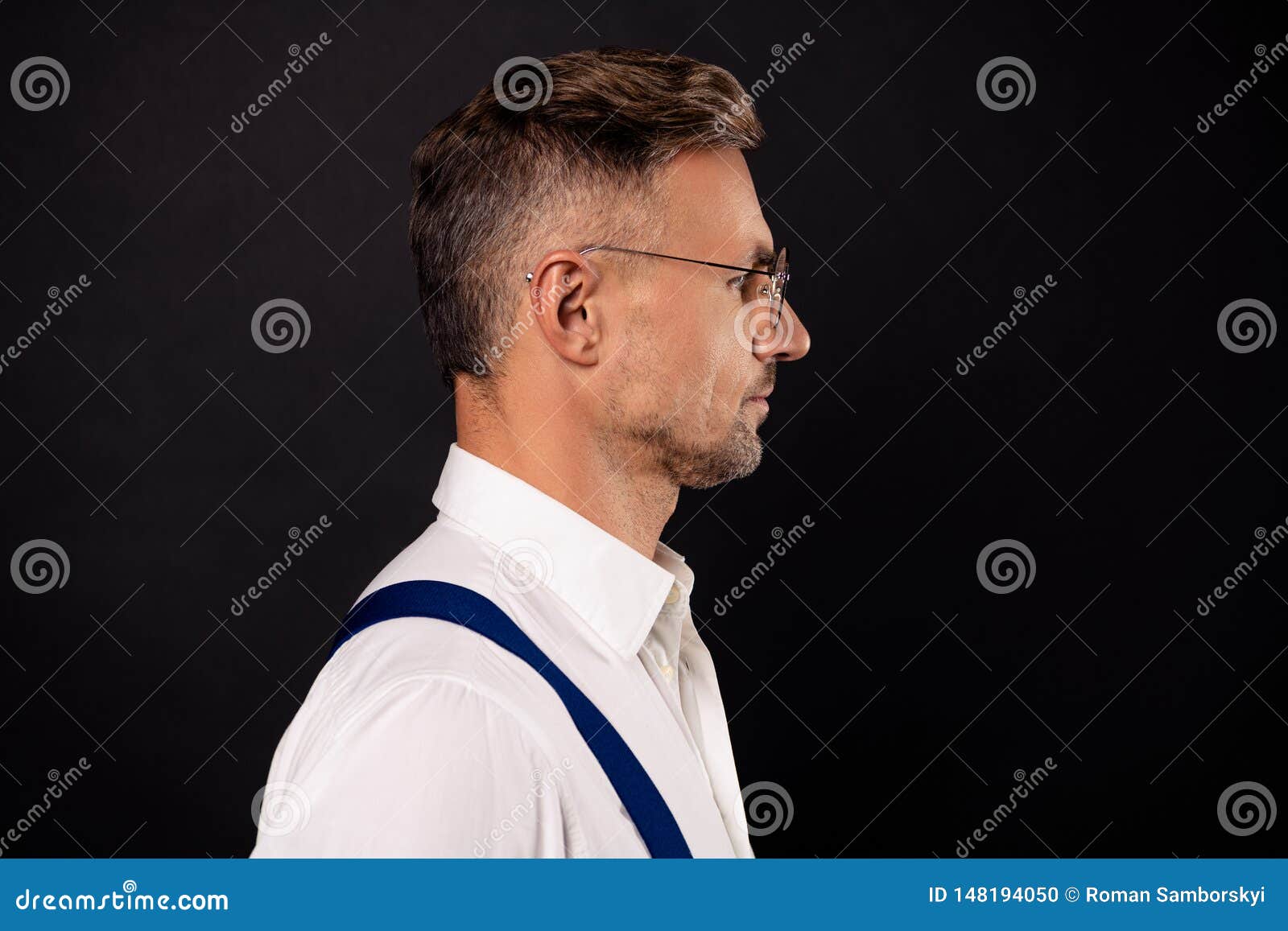 close up profile side view portrait his nice looking attractive content bearded guy eyeglasses eyewear executive employee 148194050