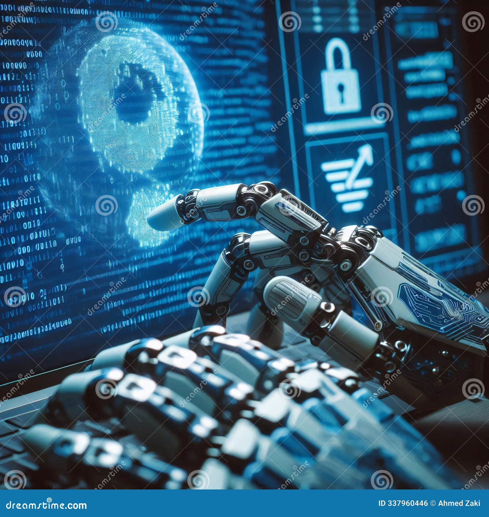 Close Up Programmer Robot Hand Typing Computer Language Stock ...