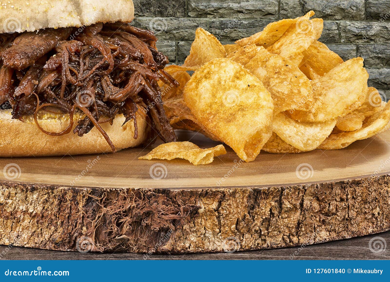 Close Up on Pulled Pork Sandwich and Potato Chips. Stock Photo Image of canada, roasted 127601840