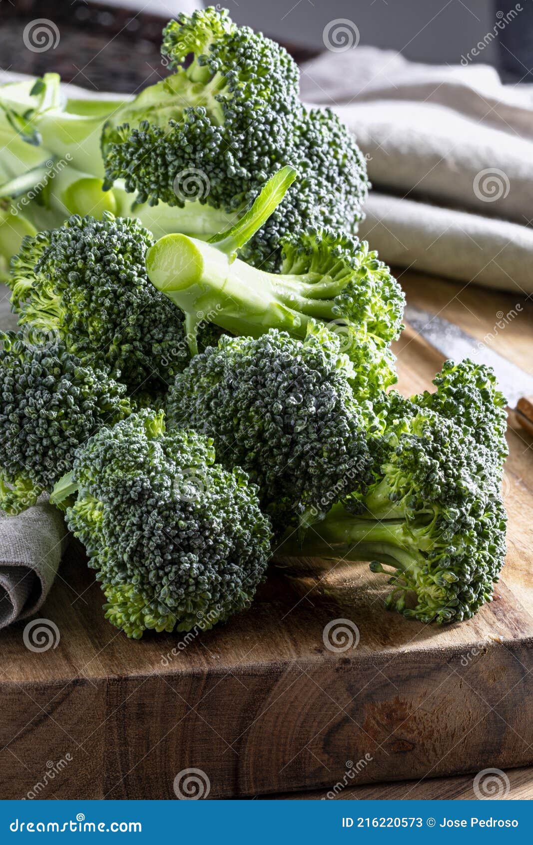 close-up of raw, fresh broccoli brÃÂ©col, brÃÂ³colli, brÃÂ³qui, broccoli brote, brassica oleracea stalks with drops of water in the