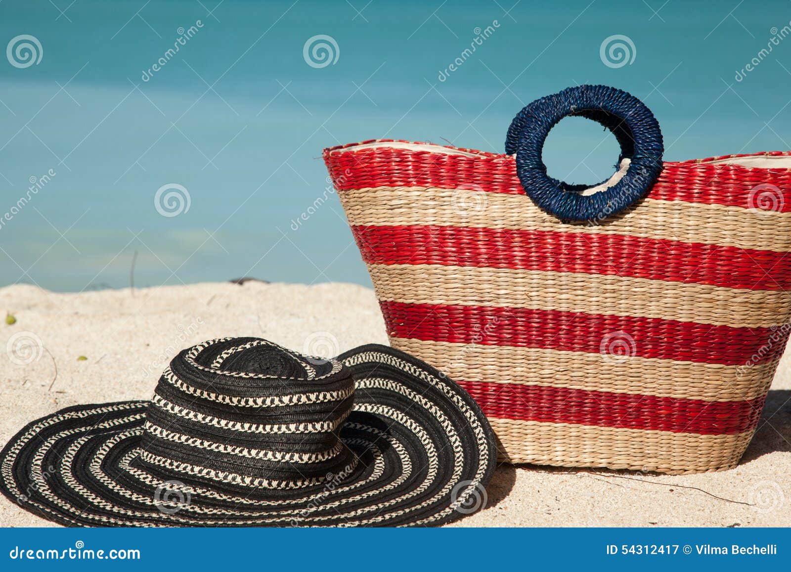 Close Up Red Striped Beach Bag and Hat Stock Image Image of
