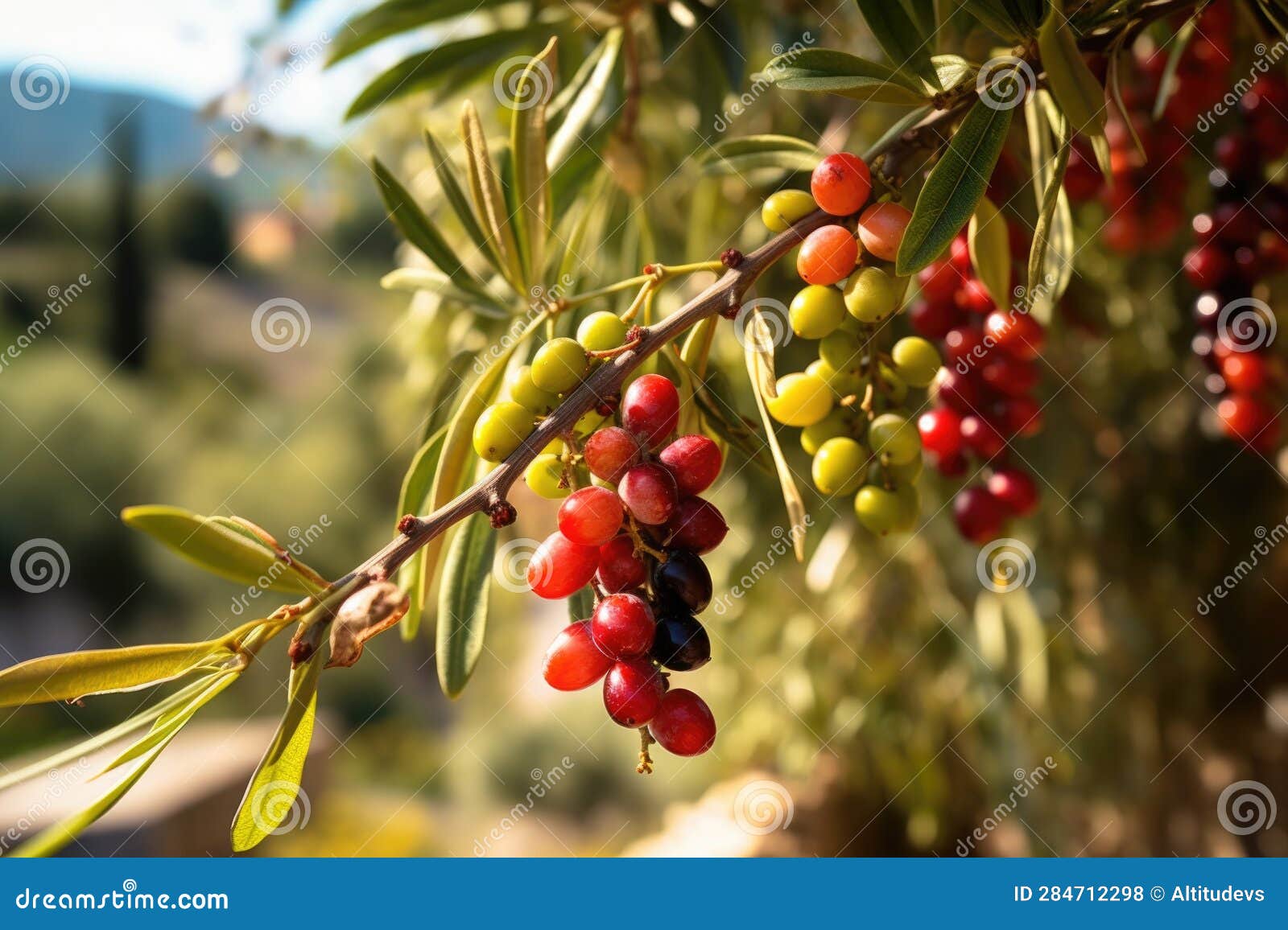 Closeup of Ripe Olives on Tree Branch in Sunlight Stock Illustration