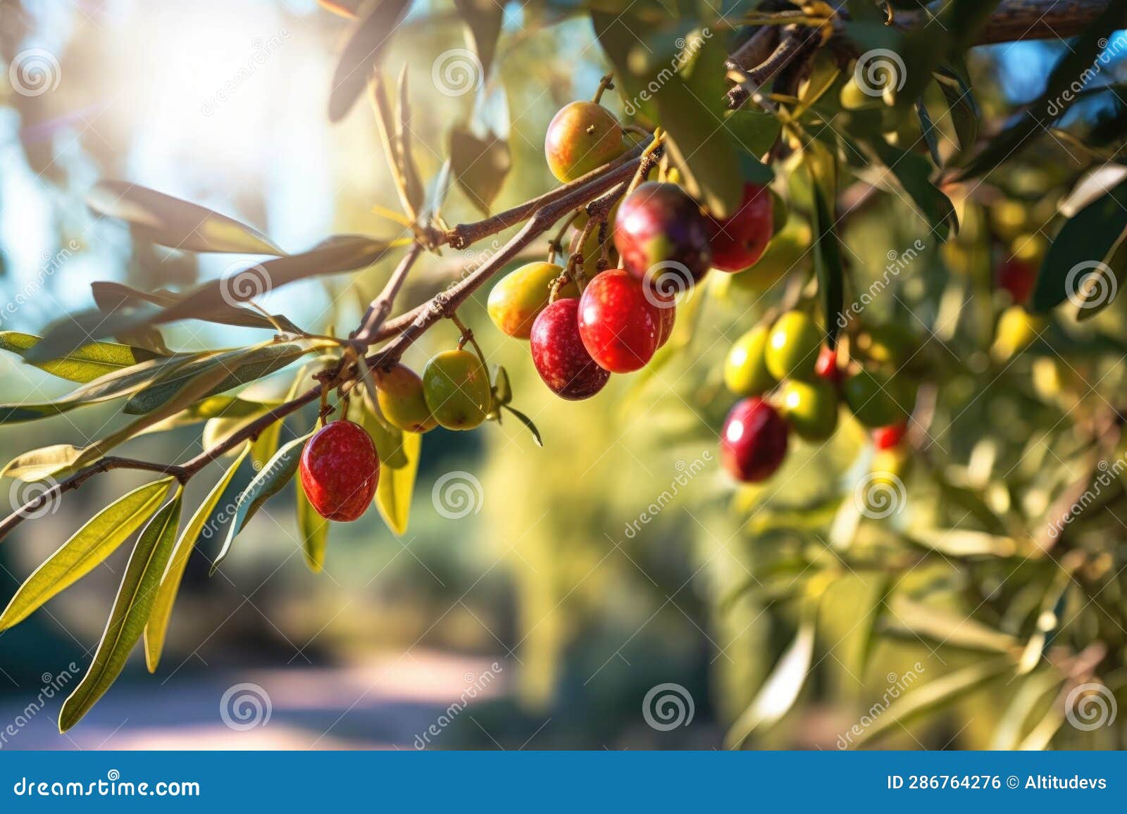 Closeup of Ripe Olives on Tree Branch in Sunlight Stock Illustration