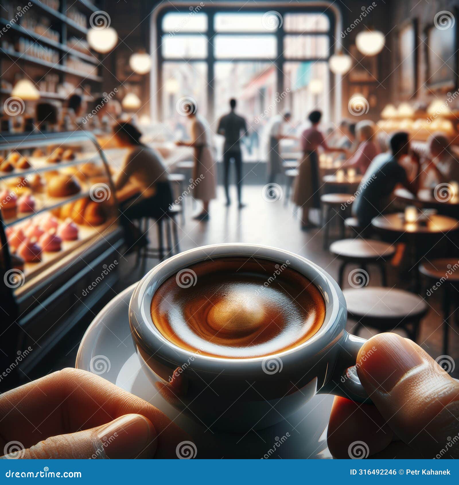 close-up of a ristretto coffee with a blurred cafe background. ai generated.