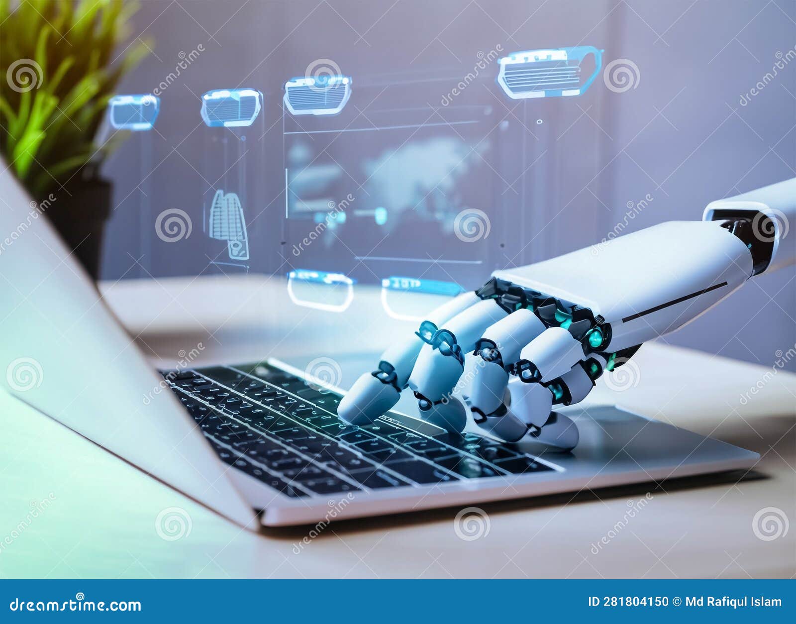 close up on robot hand working on laptop to checking correct data by using rpa function softwere. generative ai