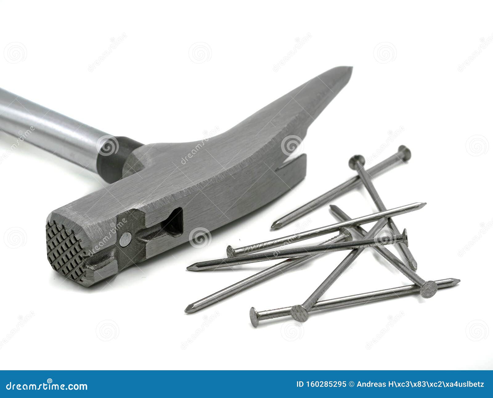 Close Up Of Roofing Hammer With Holder And Nails On White