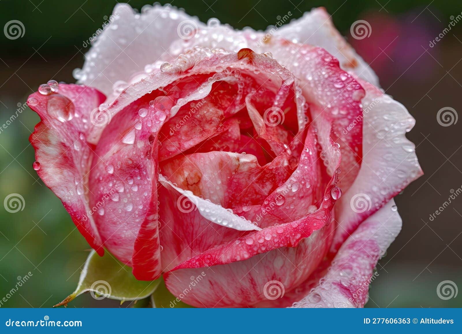 Closeup of Rosebud in Full Bloom, with Dew Drops on Petals Stock