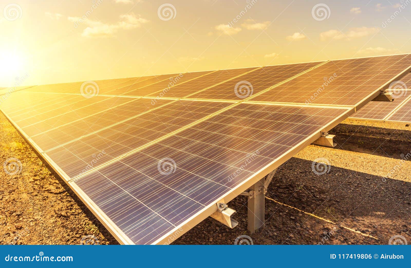 close up rows array of polycrystalline silicon solar cells or photovoltaics in solar power plant on sunset