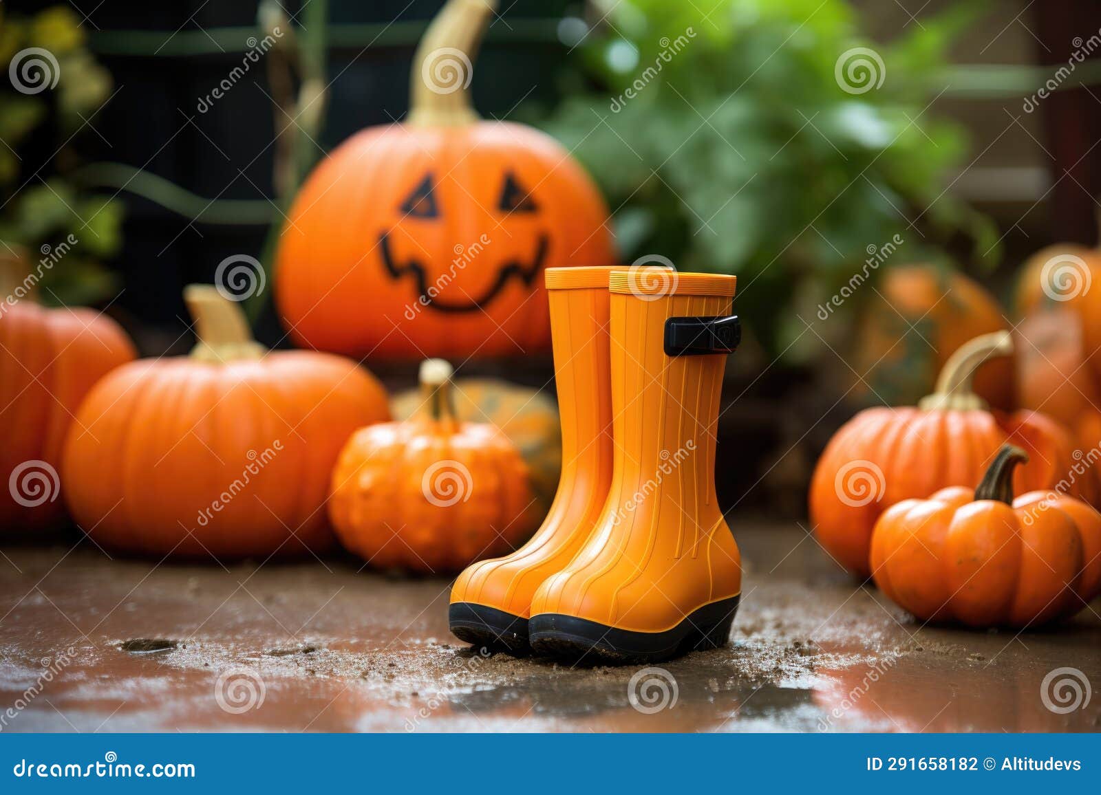 Close-up of Rubber Boots with a Pumpkin in the Background Stock ...