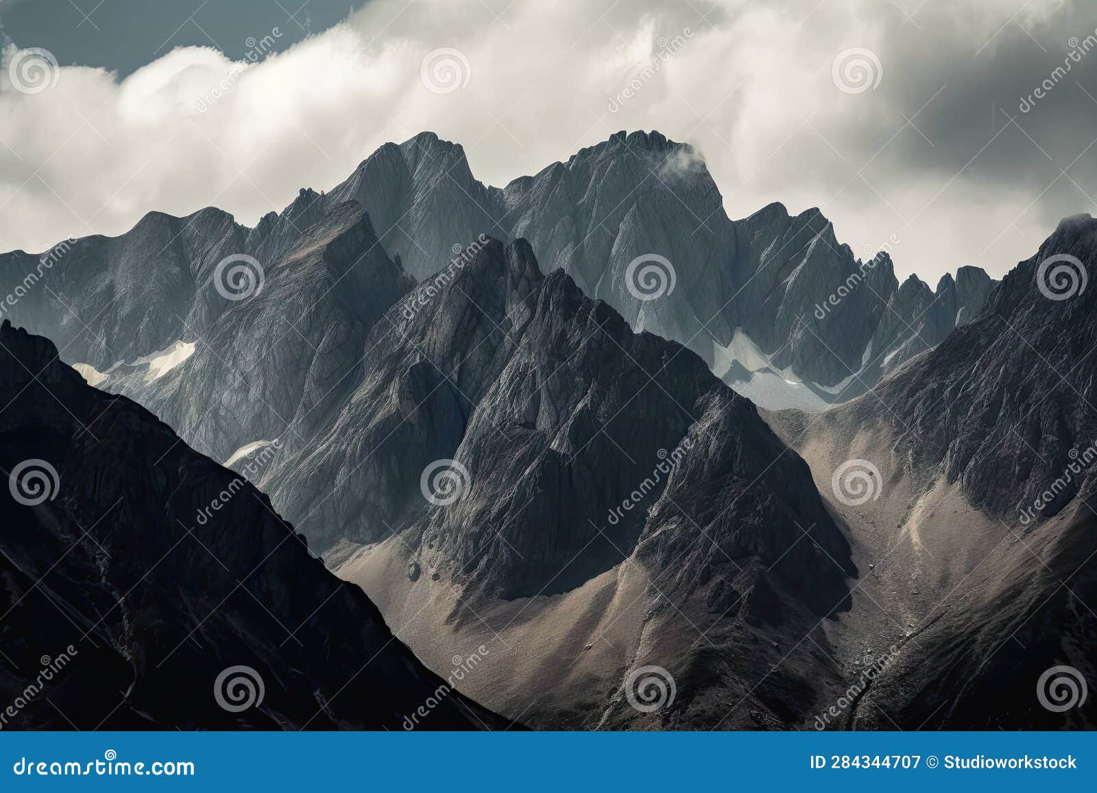 Closeup of Rugged Mountain Range, with Wind and Clouds Sweeping the Peaks Stock Illustration