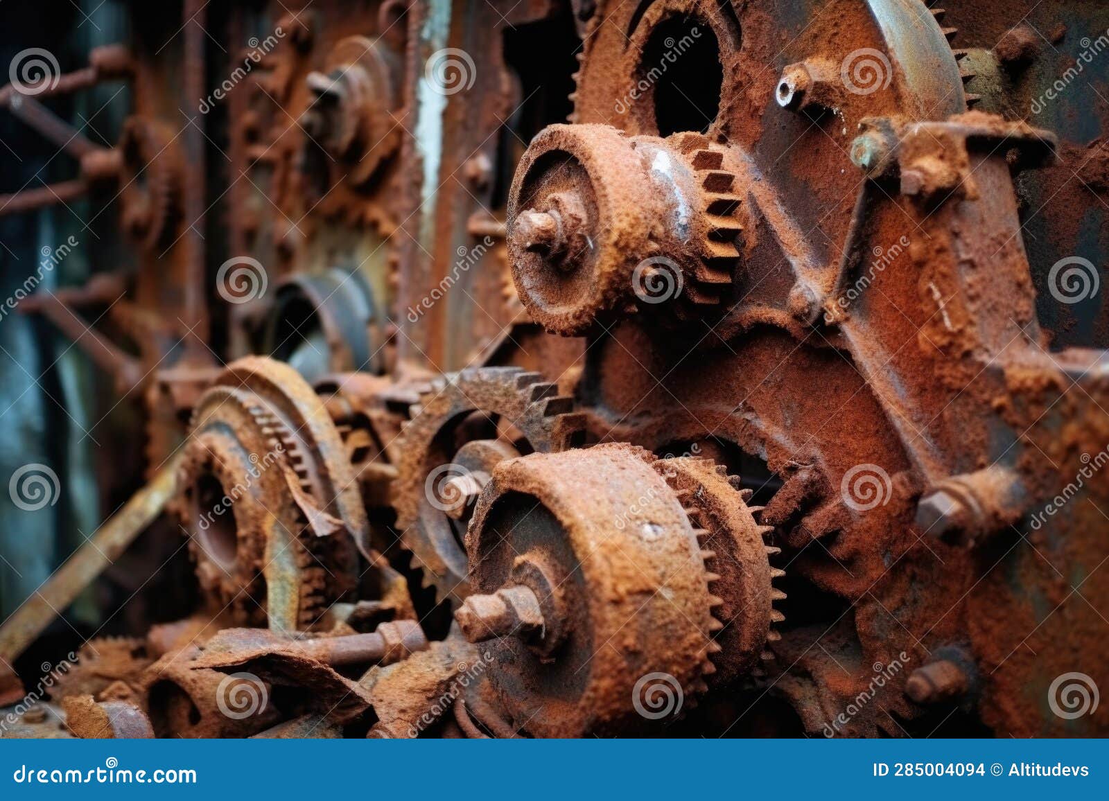 Close-up of Rusted Gears and Mechanisms on a Baler Stock Illustration