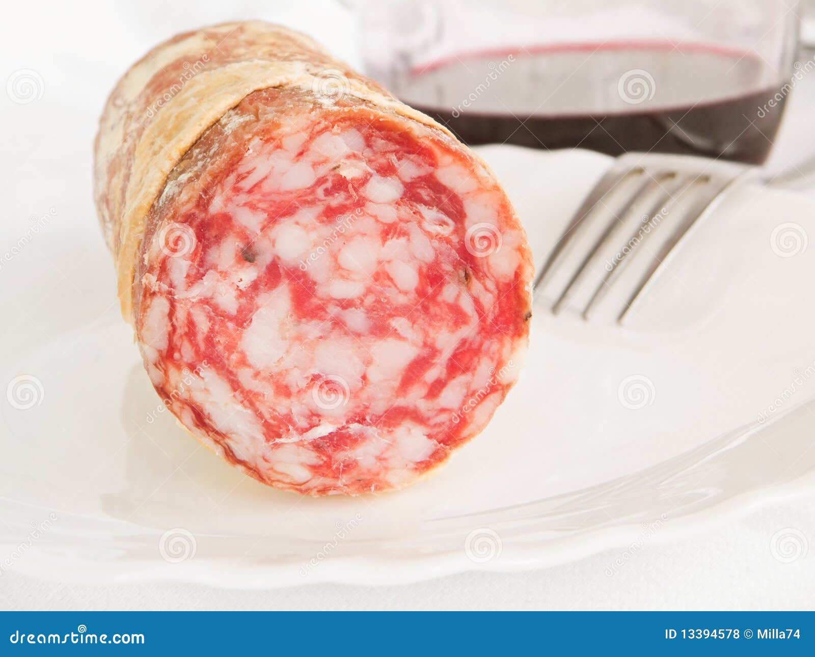 Close Up of Salami on White Dish. Stock Photo Image of sausage, fresh