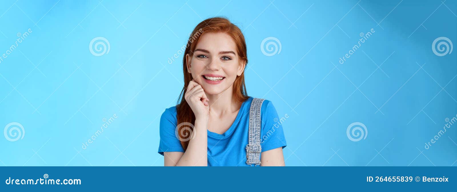 Close Up Satisfied Tender Grinning Cute Redhead Girl Look Cute Lovely Camera Touch Cheek 