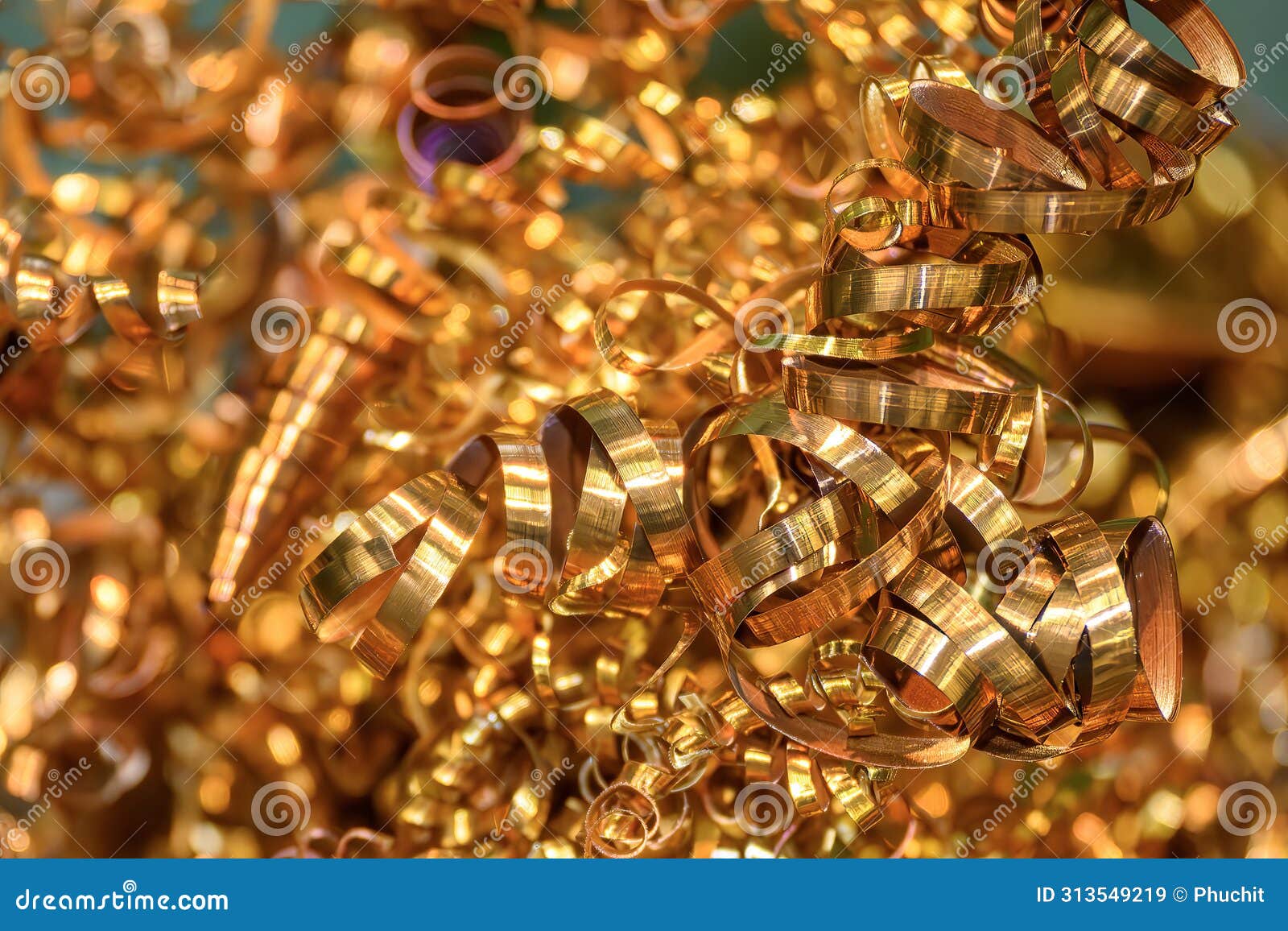 Closeup Scene of the Brass Materials Scrap from Turning Process Stock