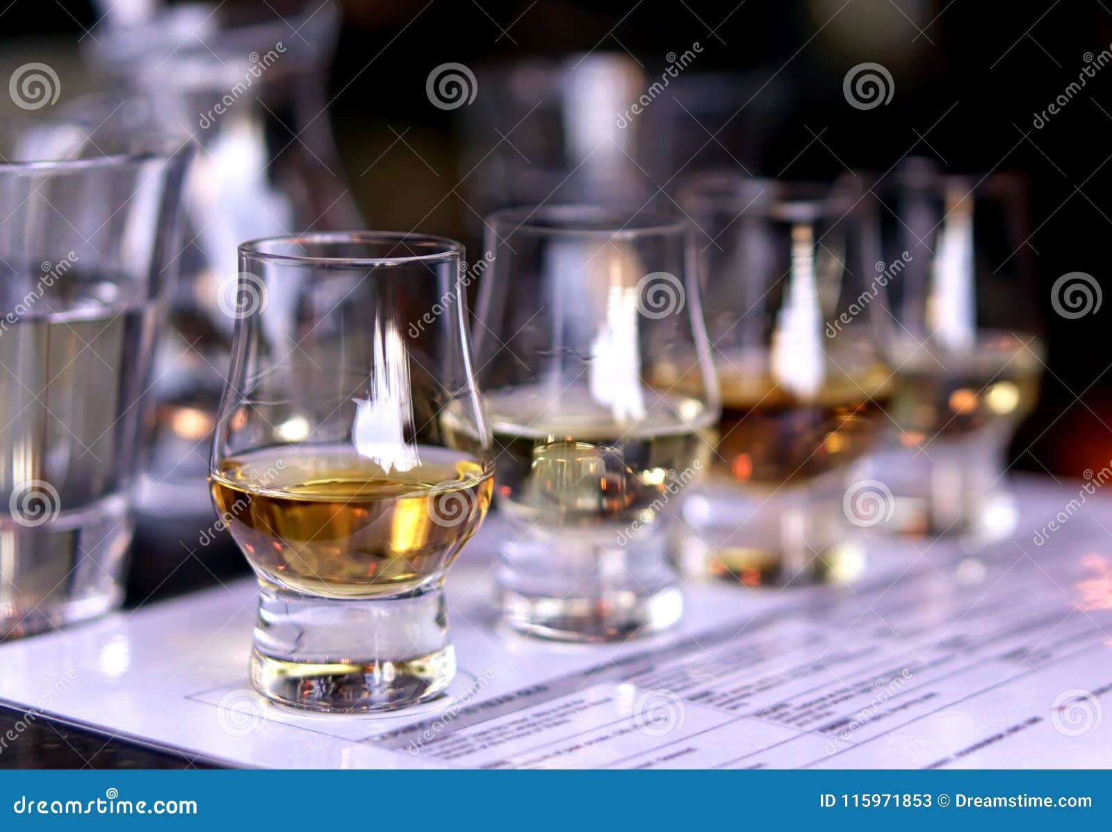 close-up / selective focus a flight of whiskies.