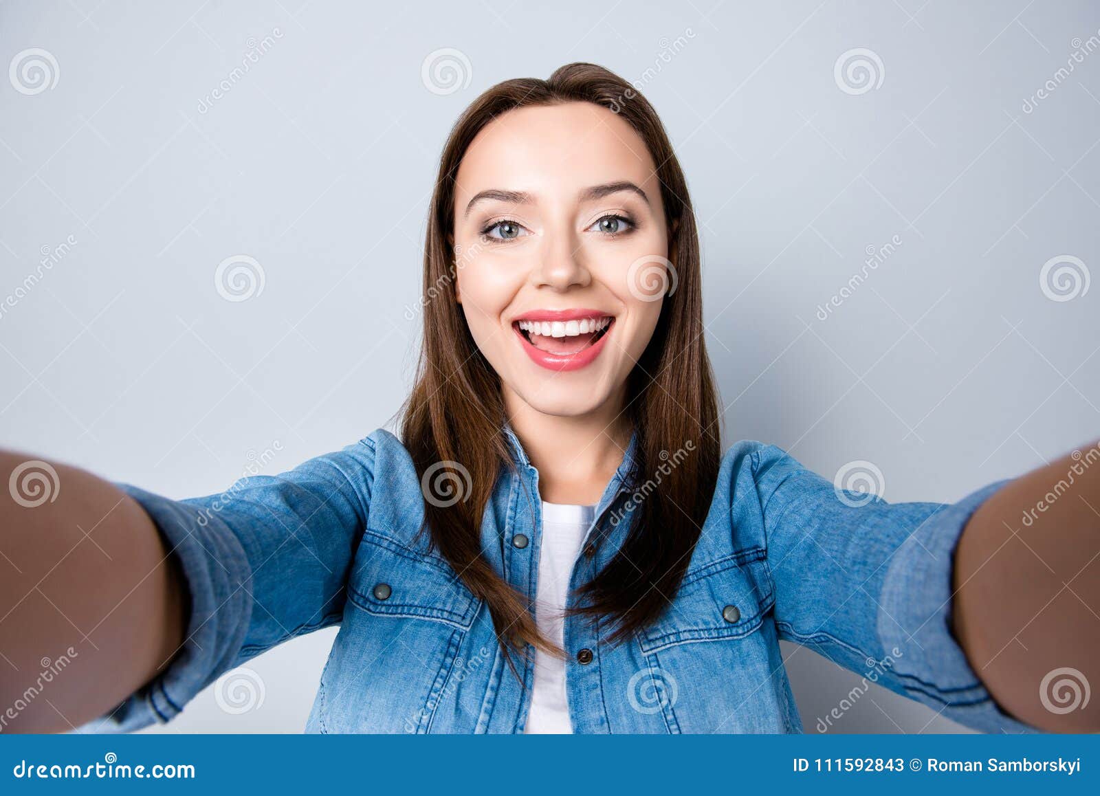 Close Up Self Portrait Of Happy Brunette Pretty Girl With Beam Stock