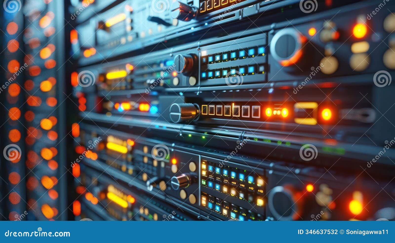 close-up of server racks with illuminated indicators and controls, showcasing technology infrastructure