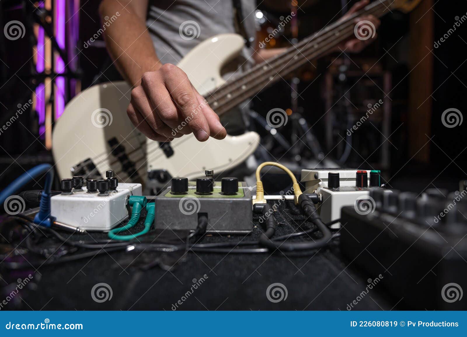 Closeup Set of Distortion Effect Pedals for Guitar on Stage Stock