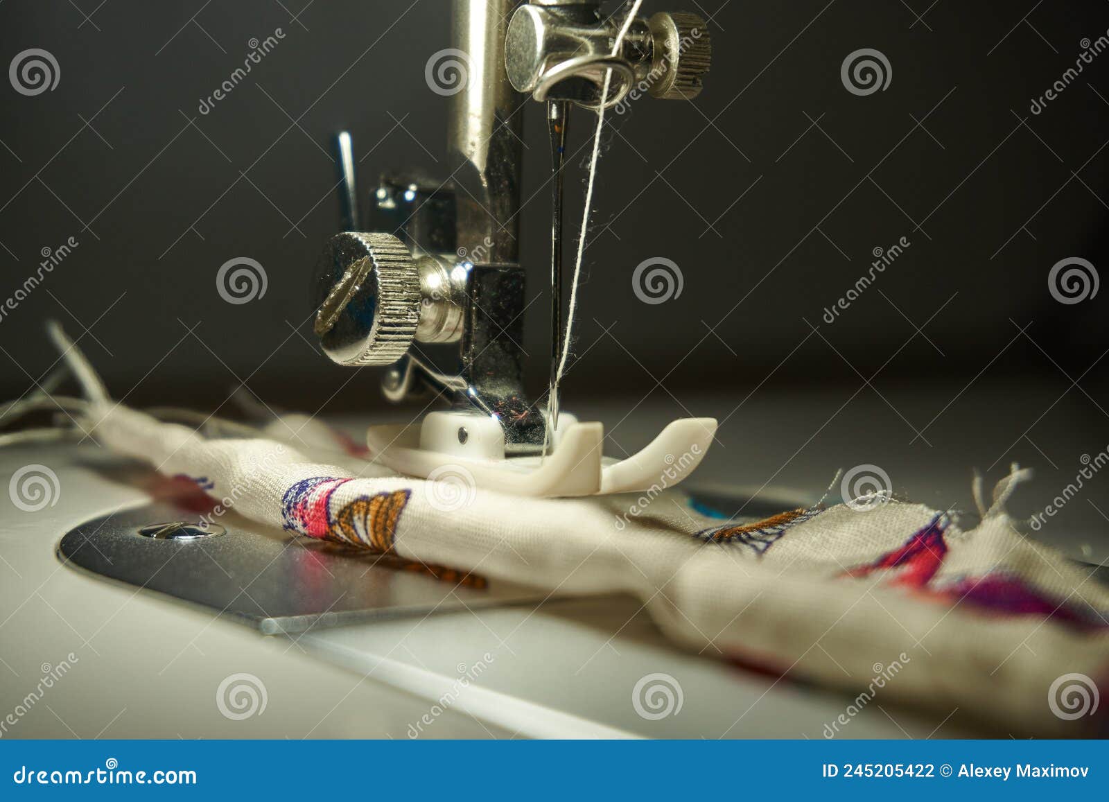 Closeup Sewing Machine, Mechanism and Details. Sewing Process on a