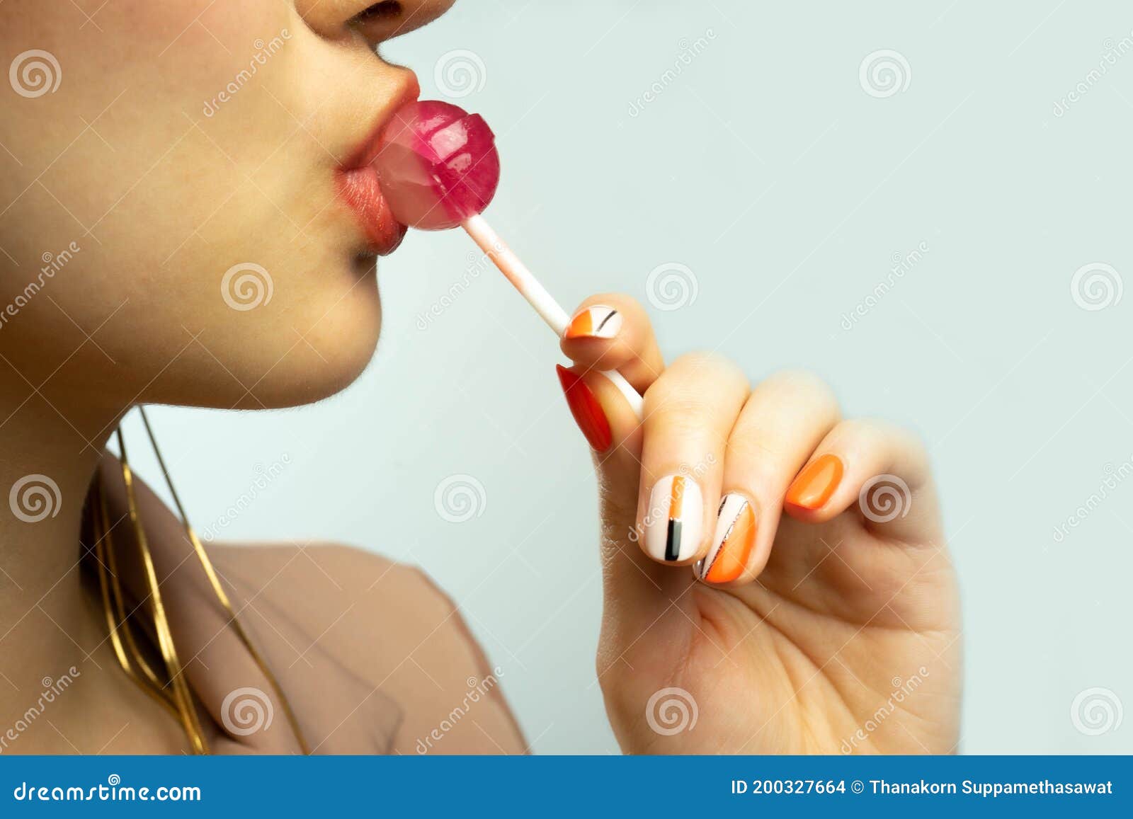 Close Up Girl Sucks Lollipop Woman Sucking Cute Sweet Candy Closeup