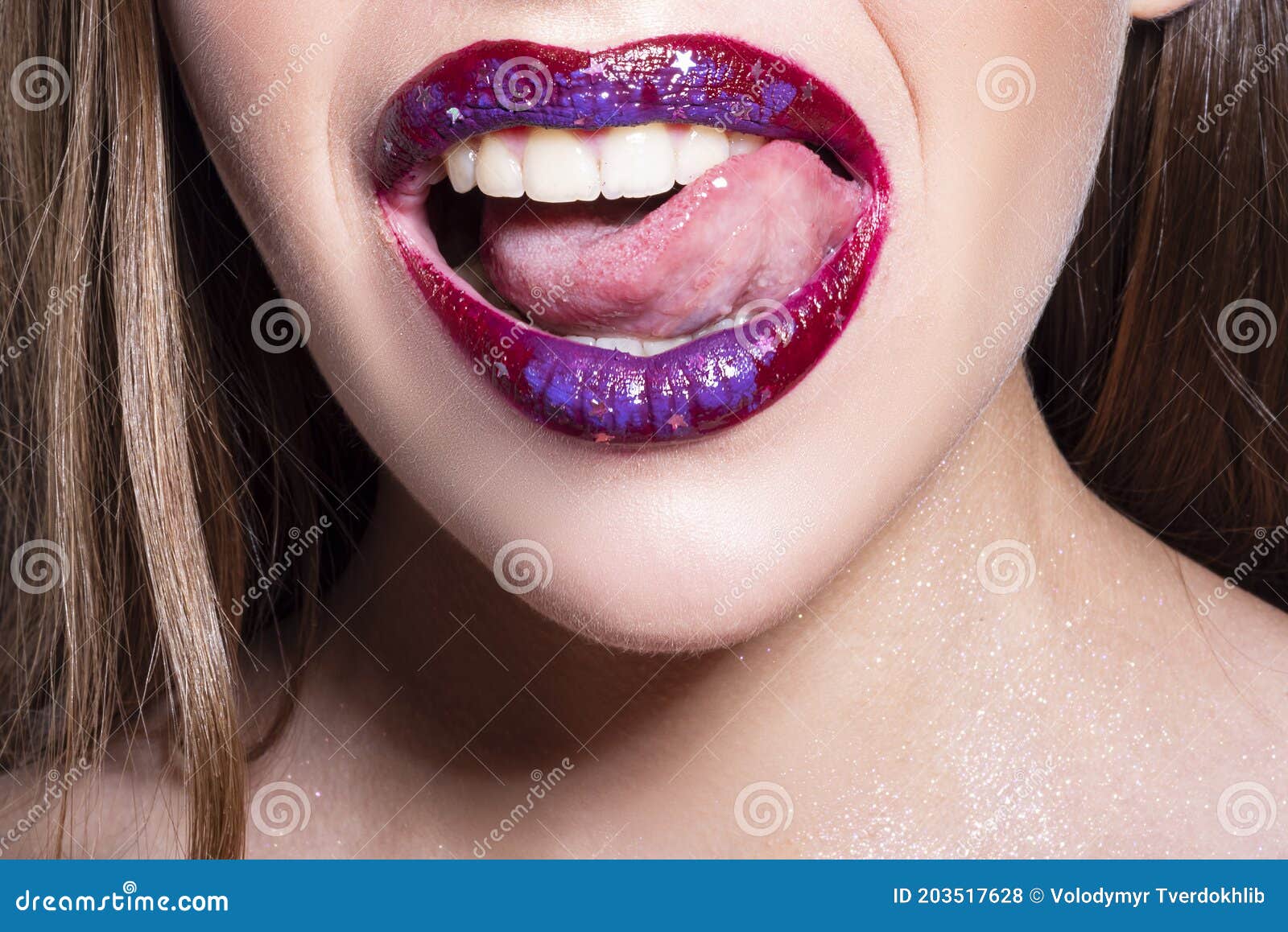 Close Up Of Open Mouth With Tongue Lick White Teeth Sensual Red Lips