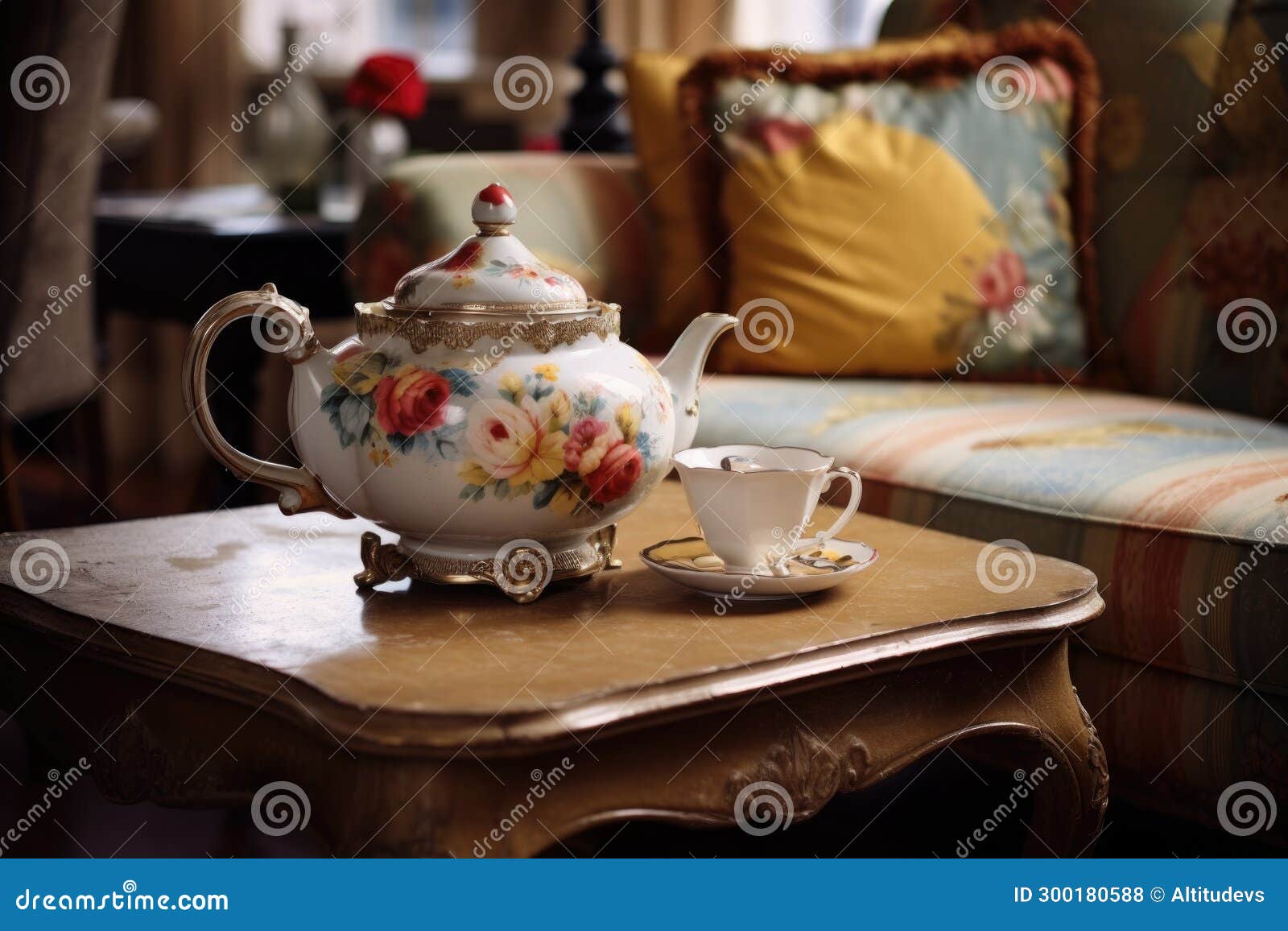 Closeup of a Shabby Chic Coffee Table with an Oldfashioned Teapot